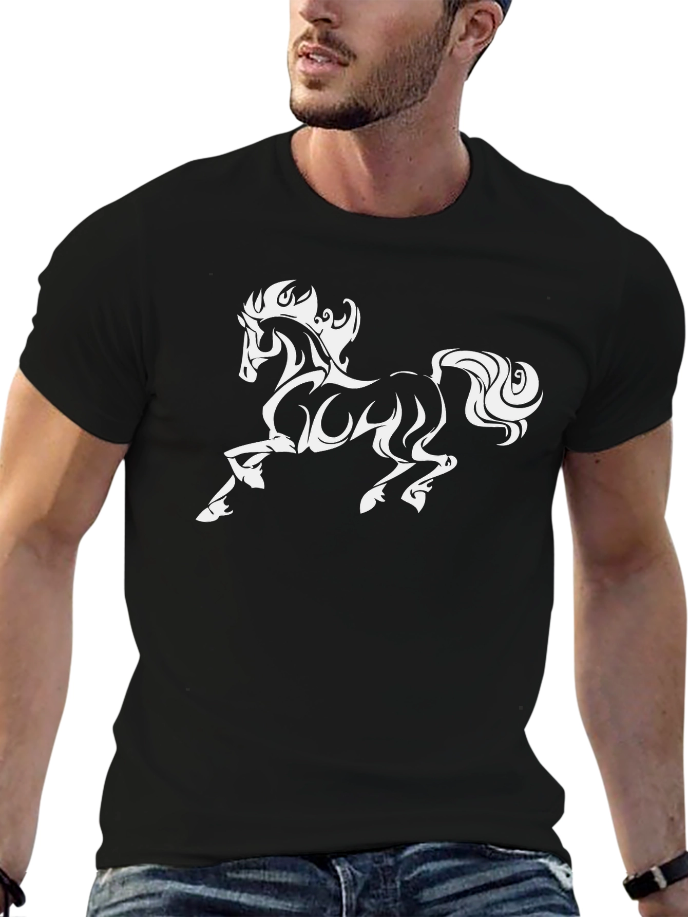 Mens Black T-Shirt with White Horse Graphic