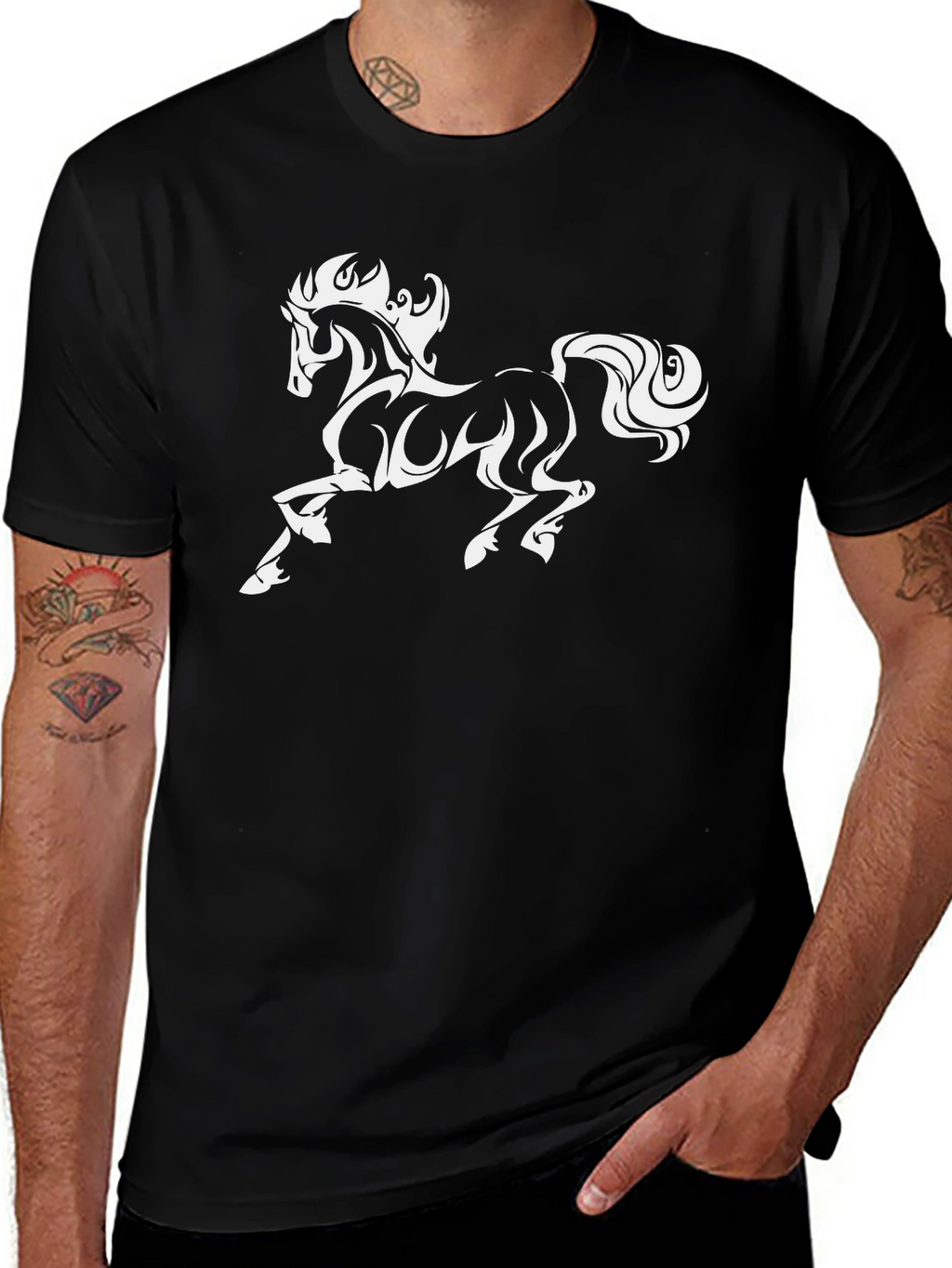 Mens Black T-Shirt with White Horse Graphic
