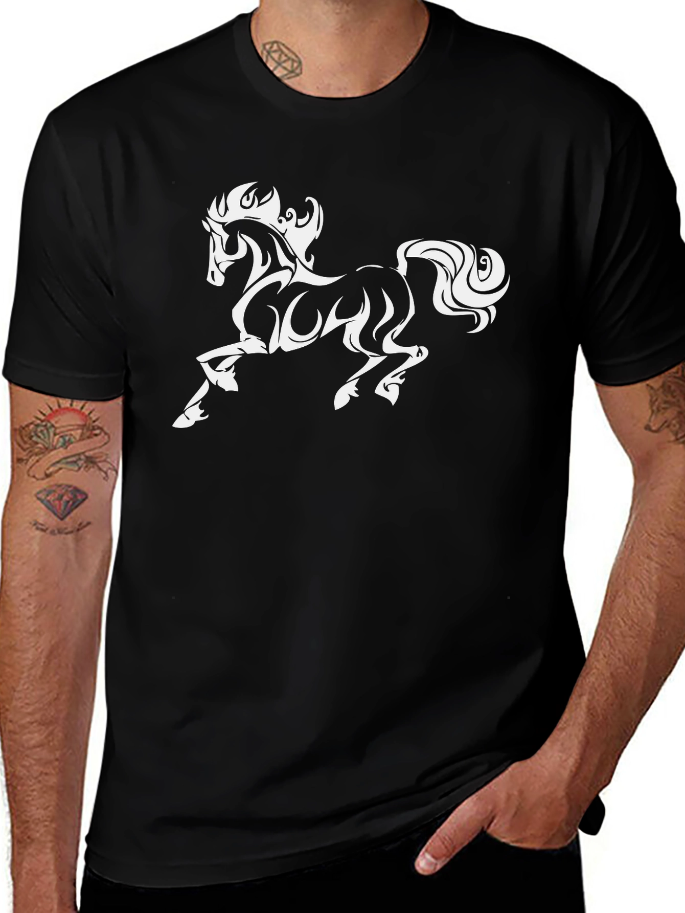 Mens Black T-Shirt with White Horse Graphic