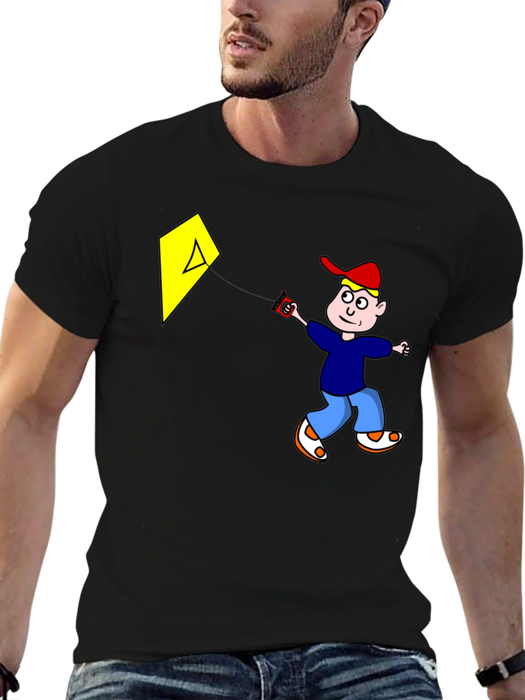 Cartoon Boy Kite Graphic Tee - Black