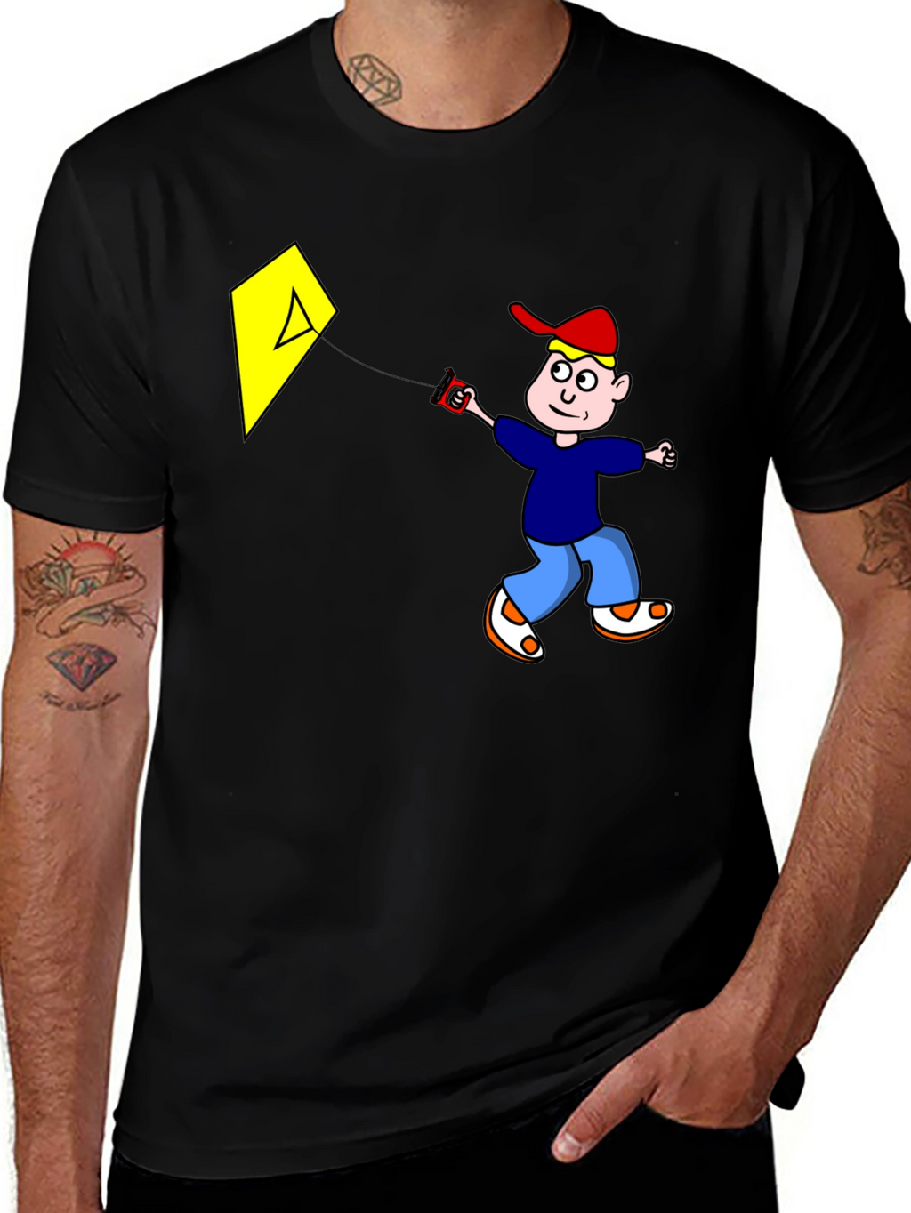 Cartoon Boy Kite Graphic Tee - Black