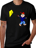 Cartoon Boy Kite Graphic Tee - Black