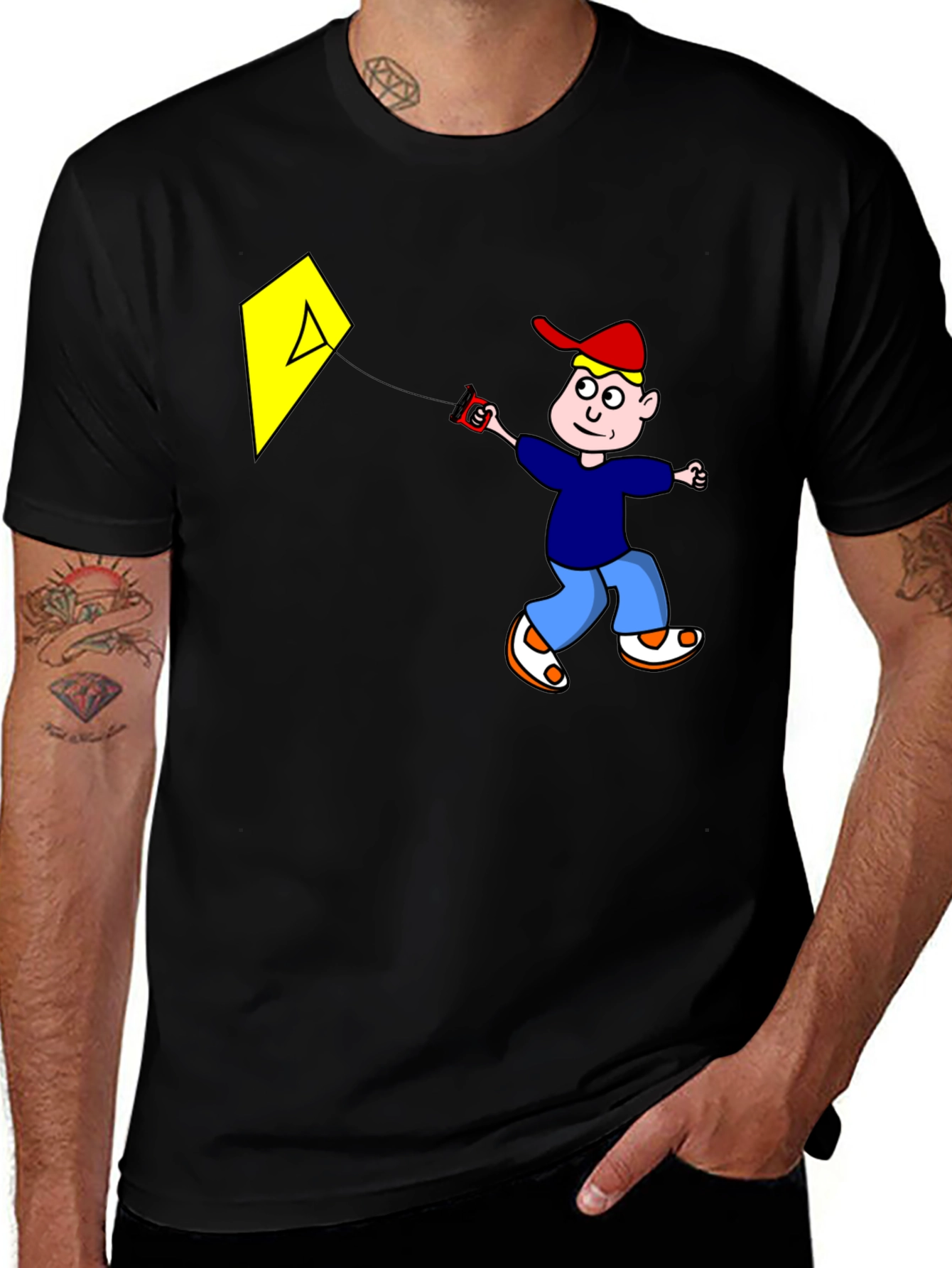 Cartoon Boy Kite Graphic Tee - Black