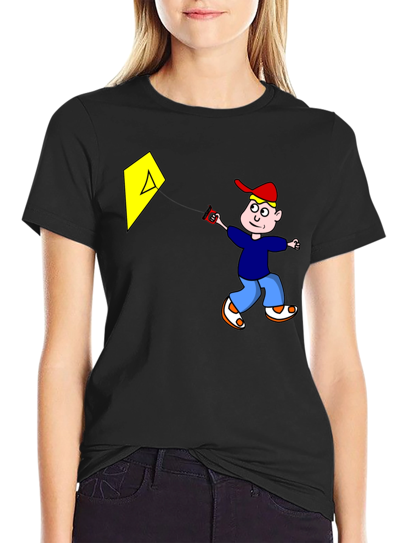Cartoon Boy Kite Graphic Tee - Black