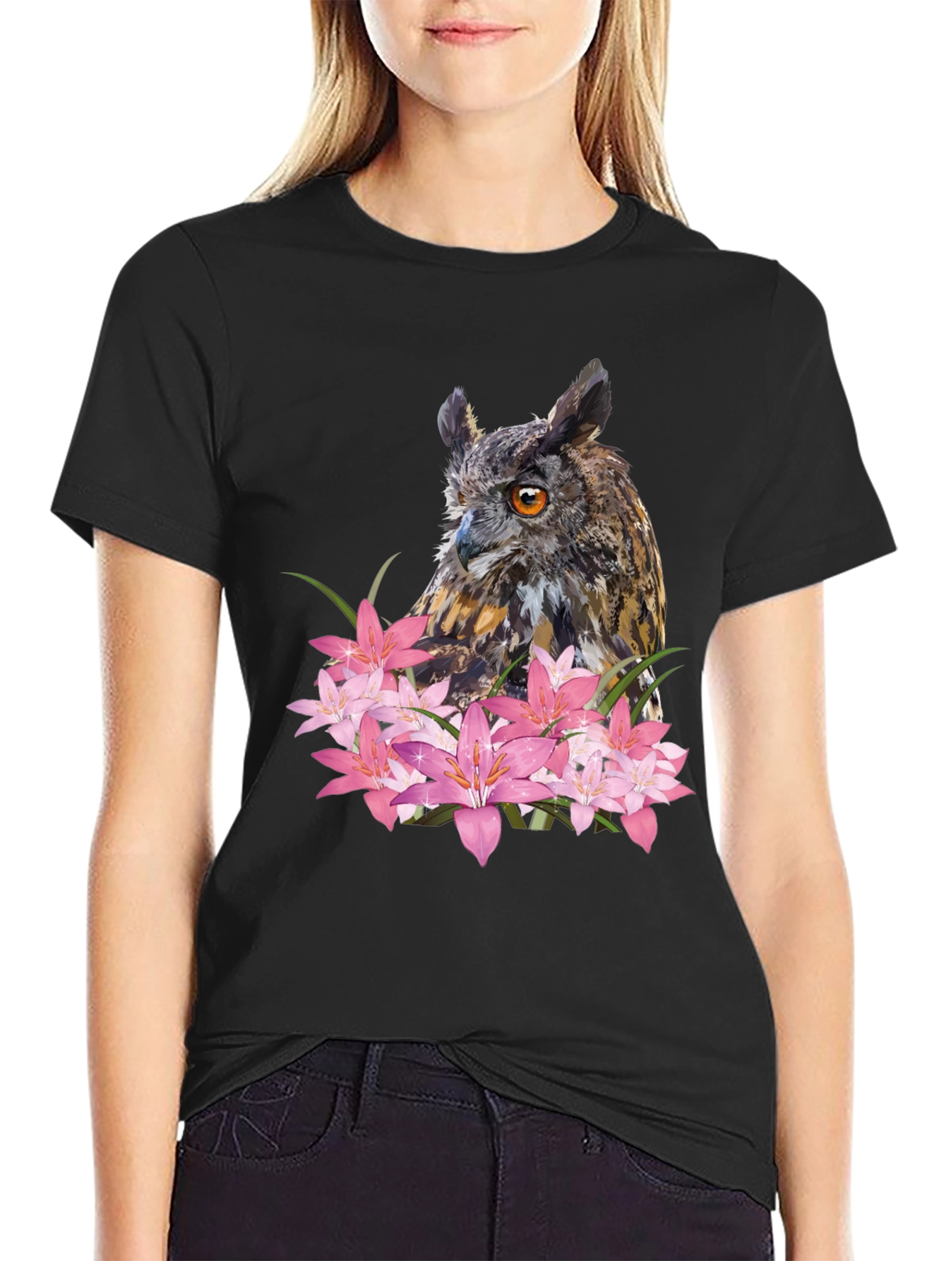 Owl & Lily Graphic T-Shirt - Unique Nature Design