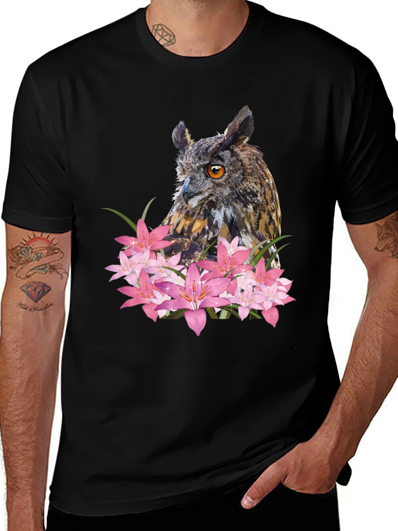 Owl & Lily Graphic T-Shirt - Unique Nature Design