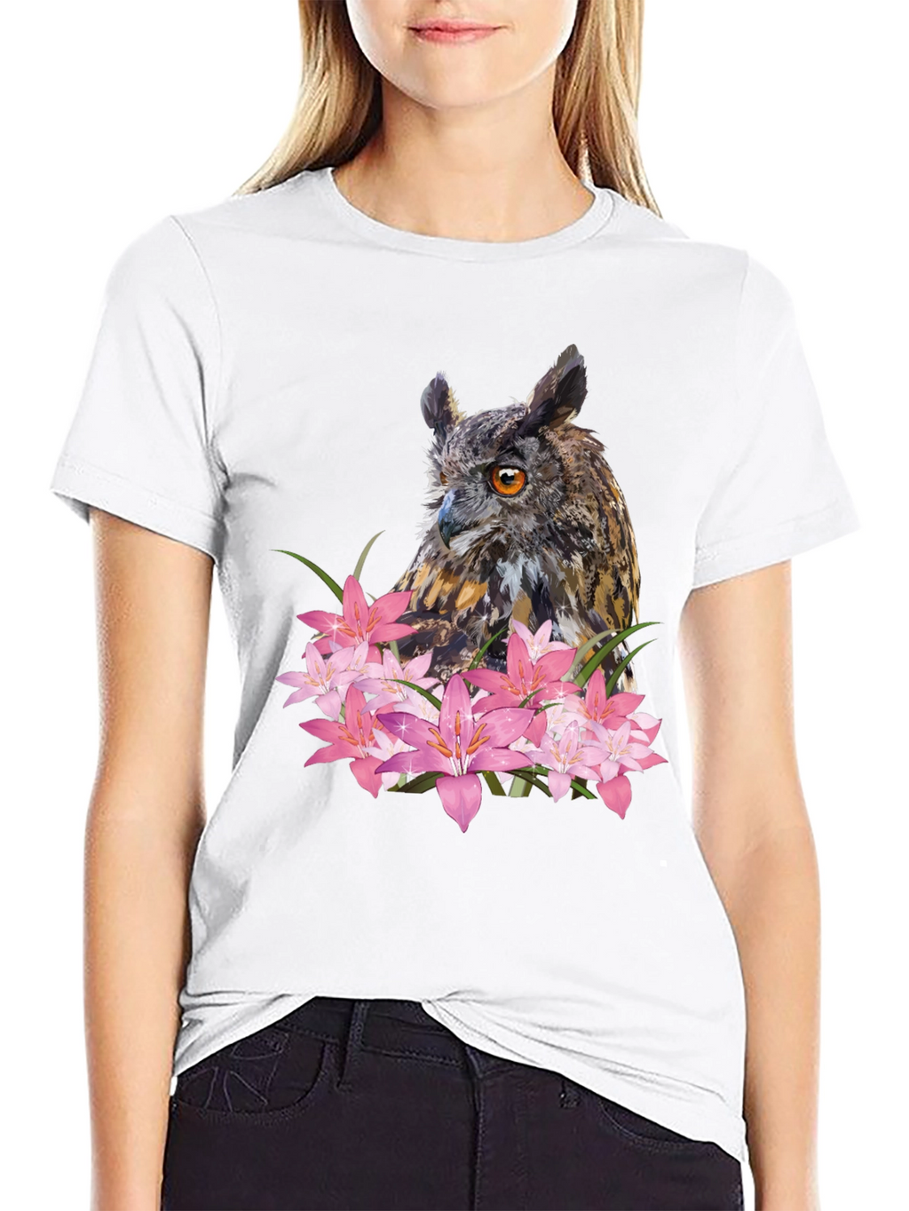 Owl & Lily Graphic T-Shirt - Unique Nature Design