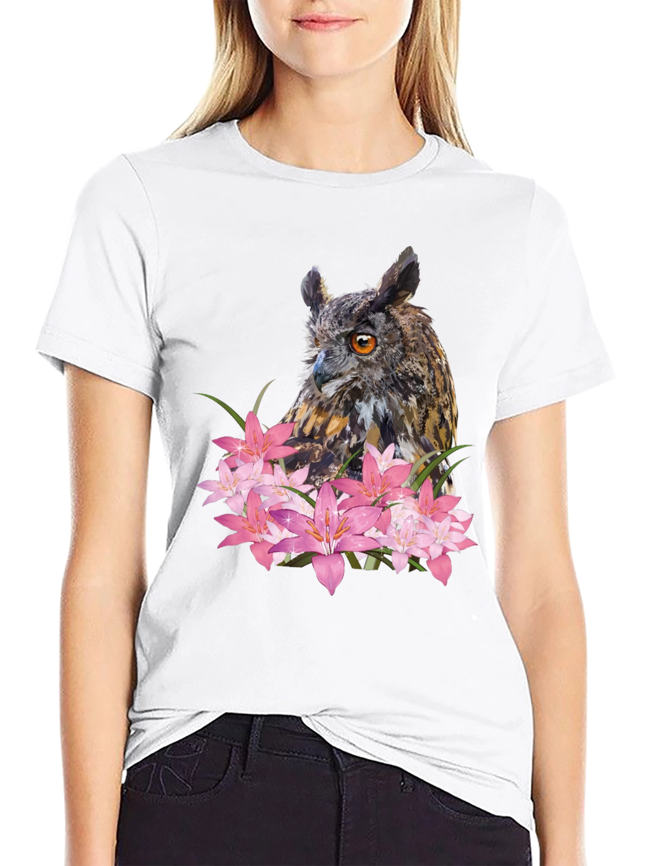 Owl & Lily Graphic T-Shirt - Unique Nature Design