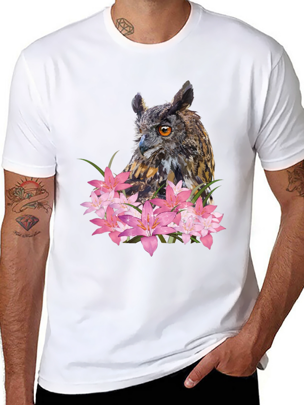 Owl & Lily Graphic T-Shirt - Unique Nature Design