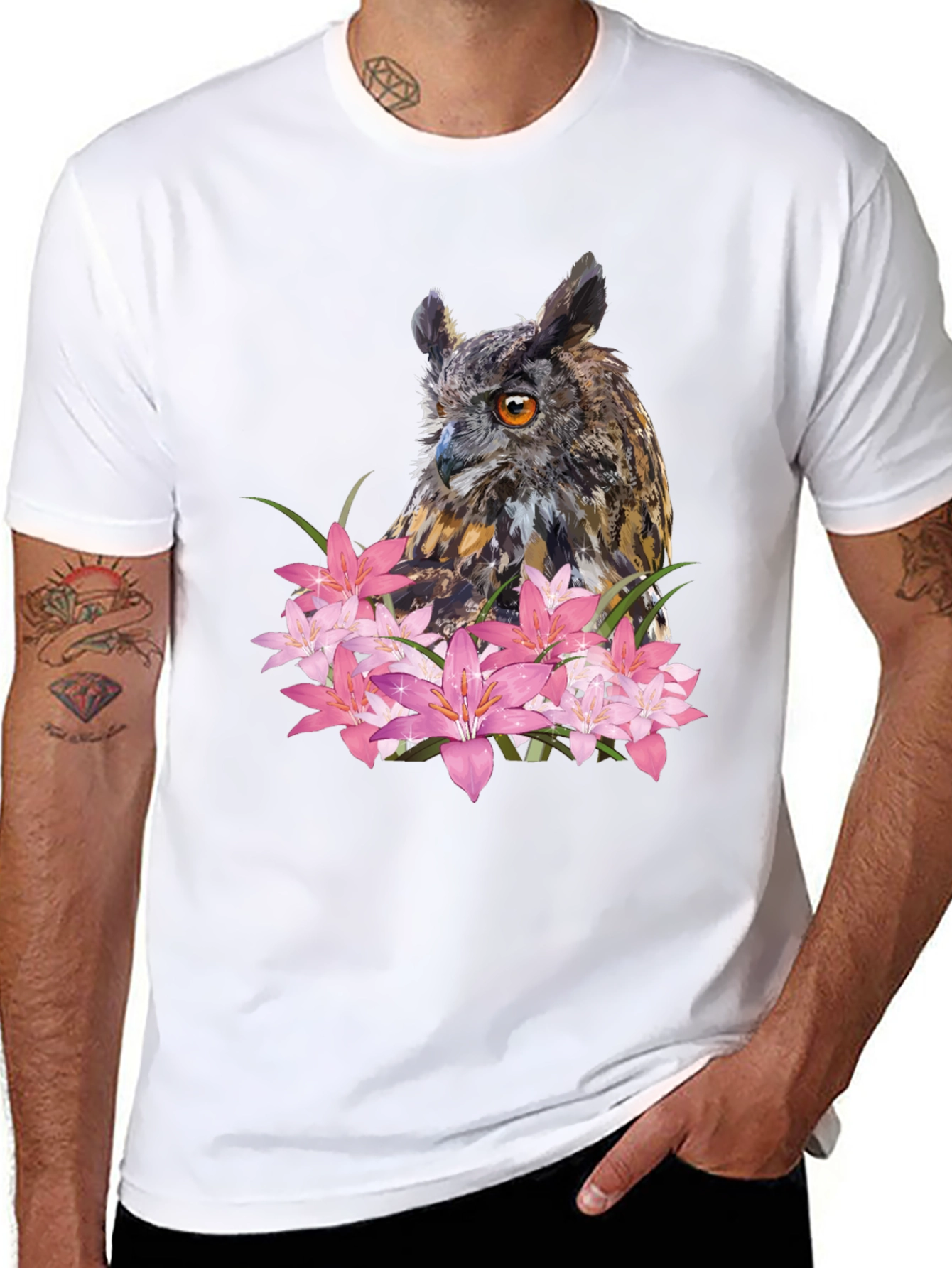 Owl & Lily Graphic T-Shirt - Unique Nature Design