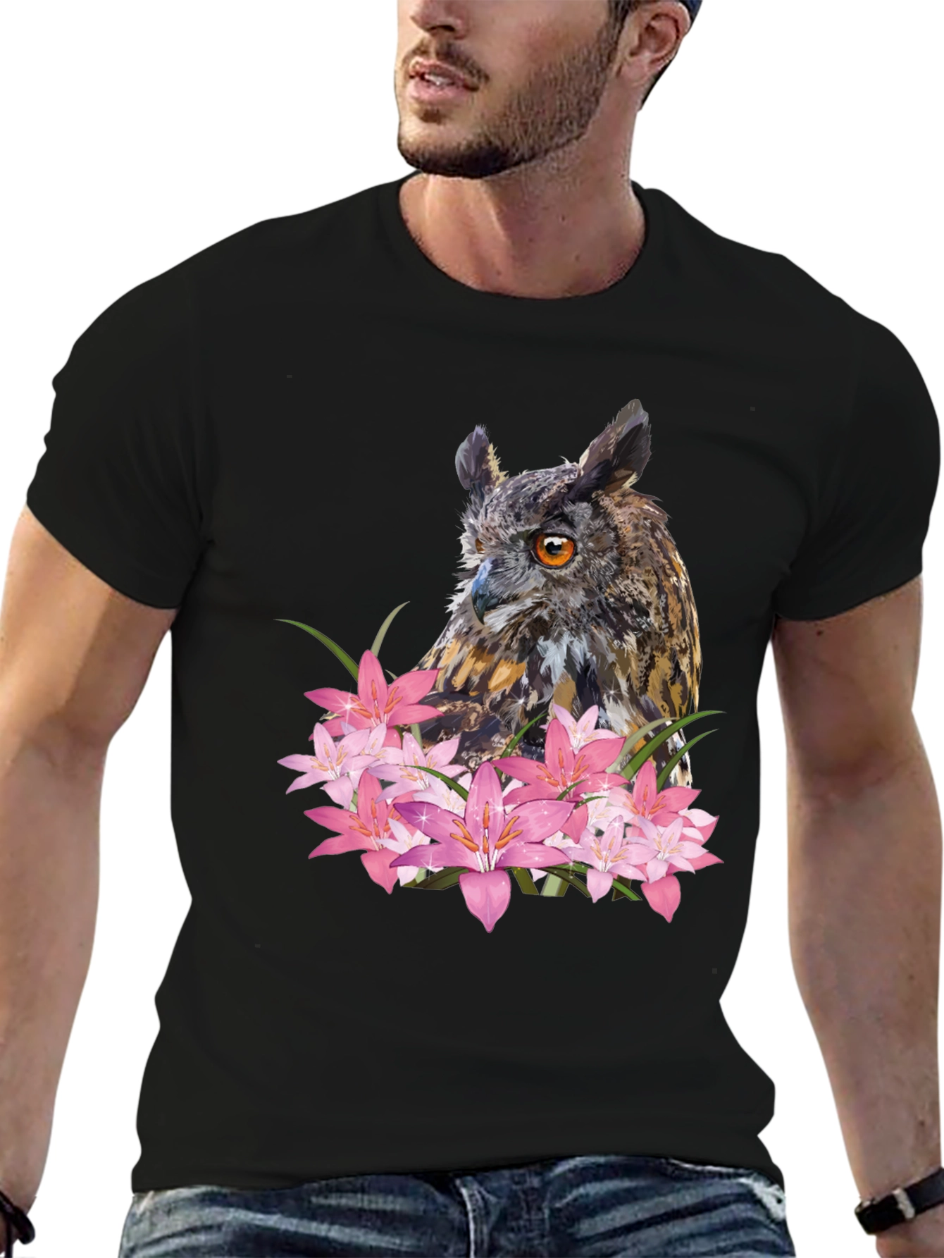 Owl & Lily Graphic T-Shirt - Unique Nature Design