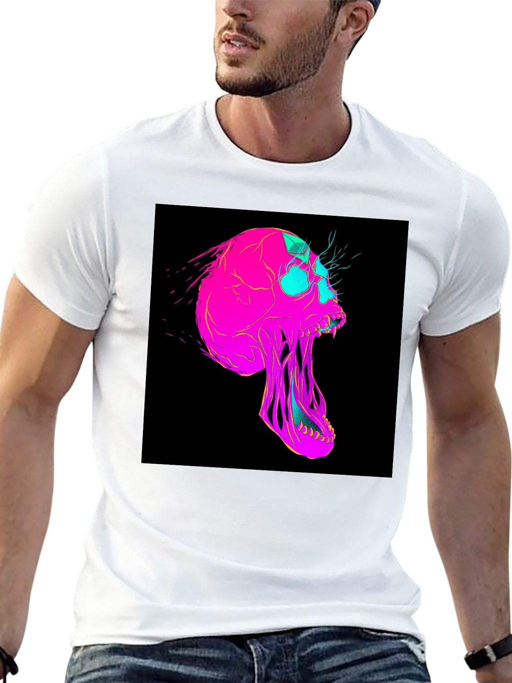 Vaporwave Skull Graphic Tee - Black Cotton T-Shirt