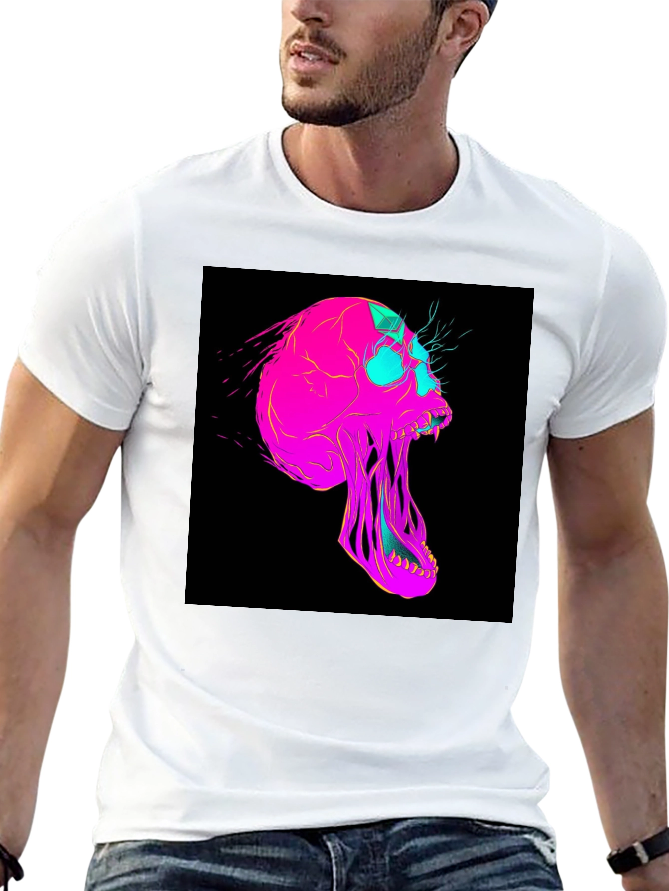 Vaporwave Skull Graphic Tee - Black Cotton T-Shirt