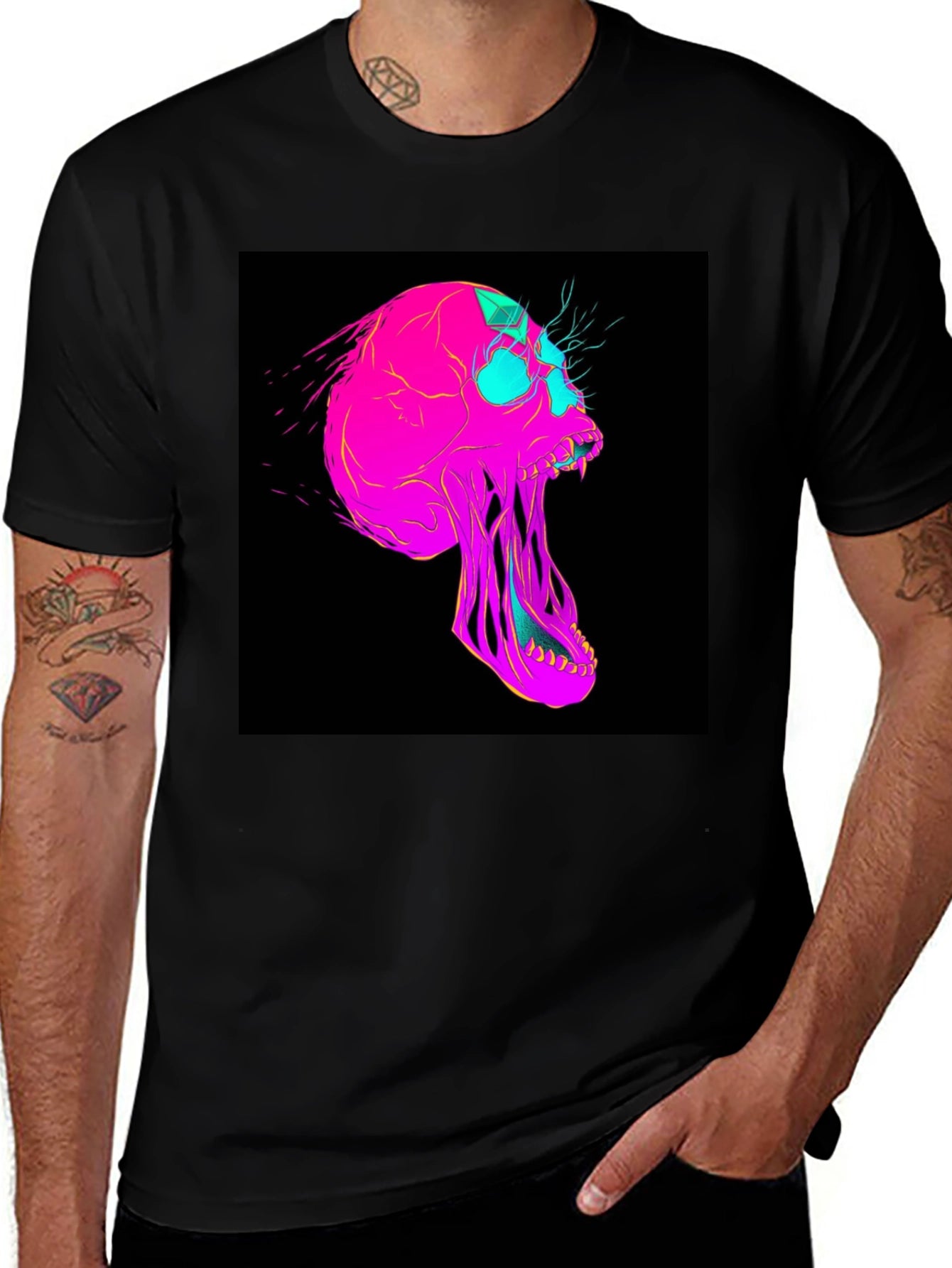 Vaporwave Skull Graphic Tee - Black Cotton T-Shirt