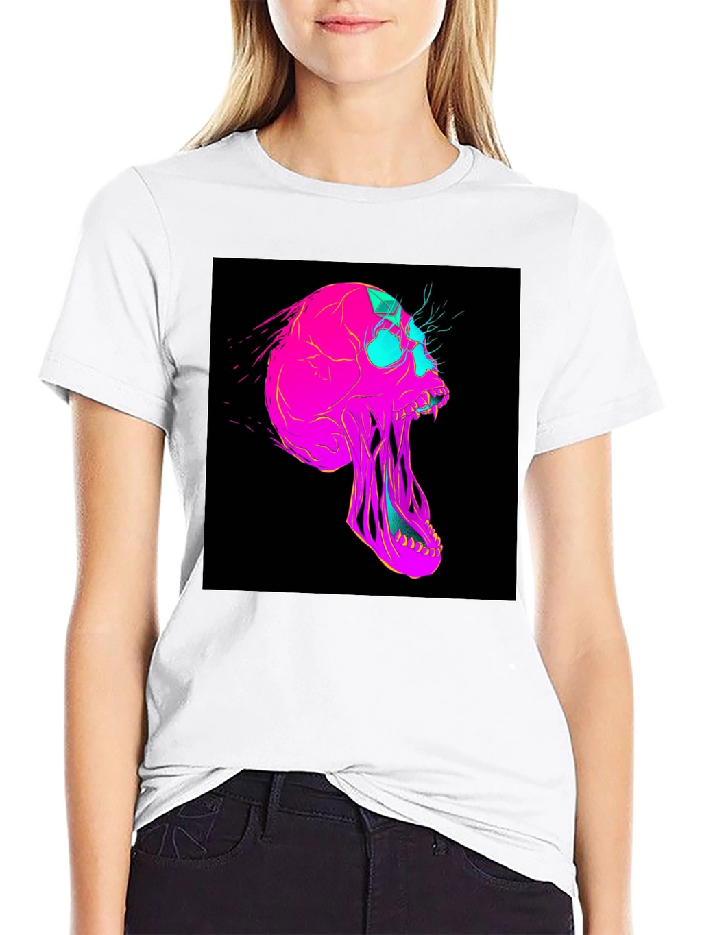 Vaporwave Skull Graphic Tee - Black Cotton T-Shirt