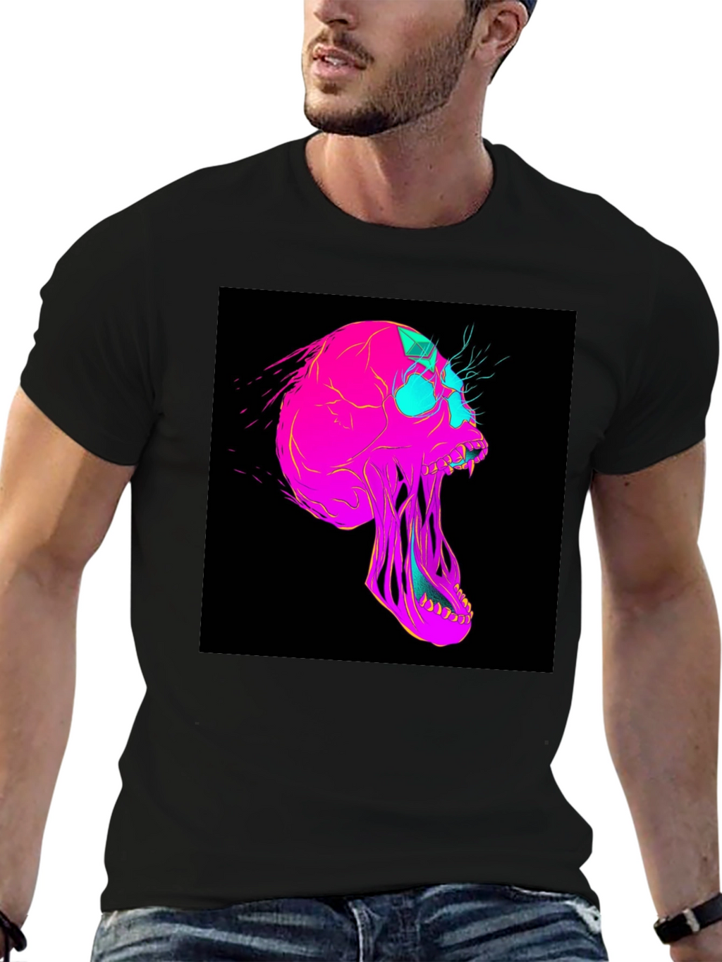 Vaporwave Skull Graphic Tee - Black Cotton T-Shirt