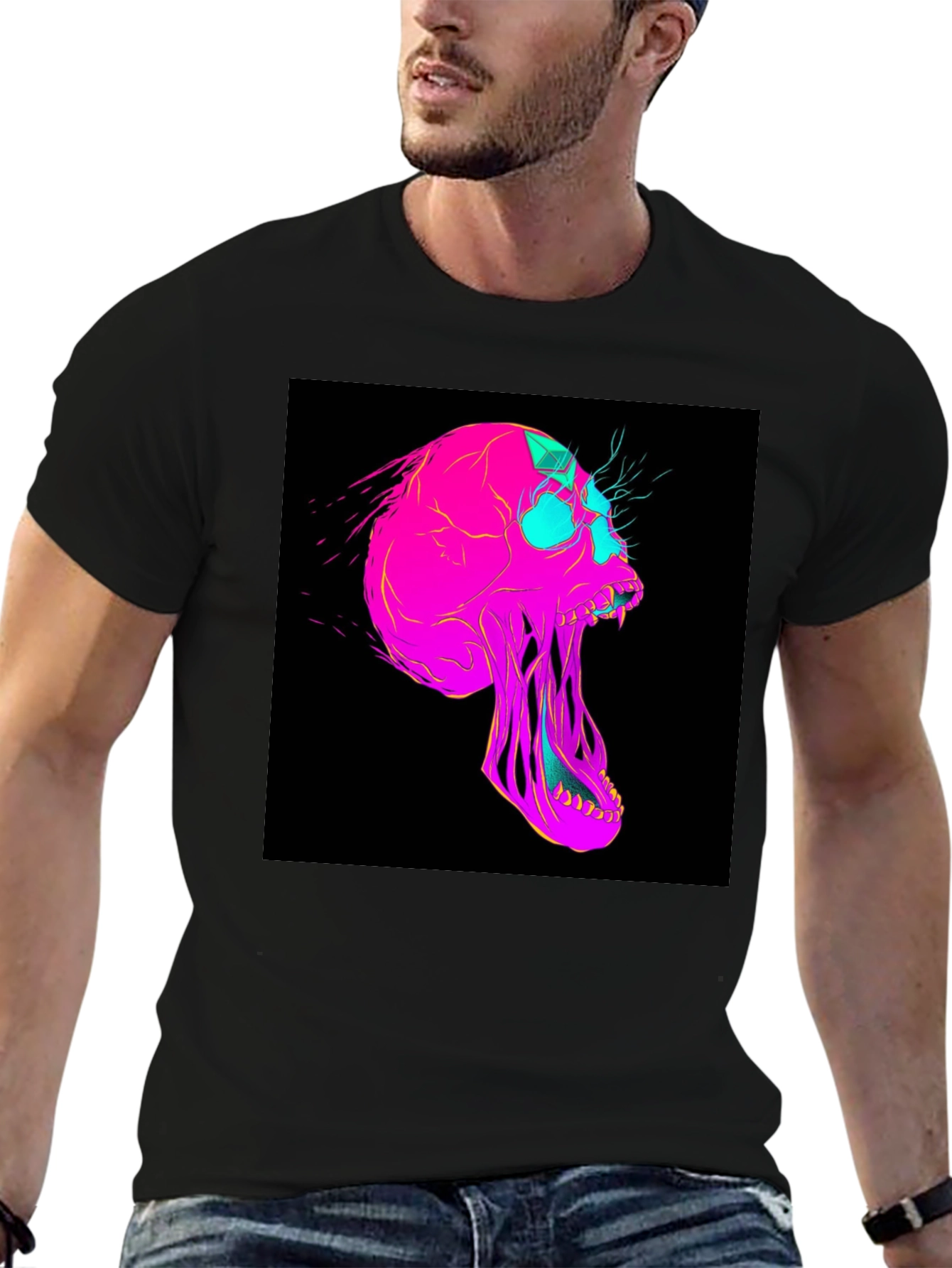 Vaporwave Skull Graphic Tee - Black Cotton T-Shirt