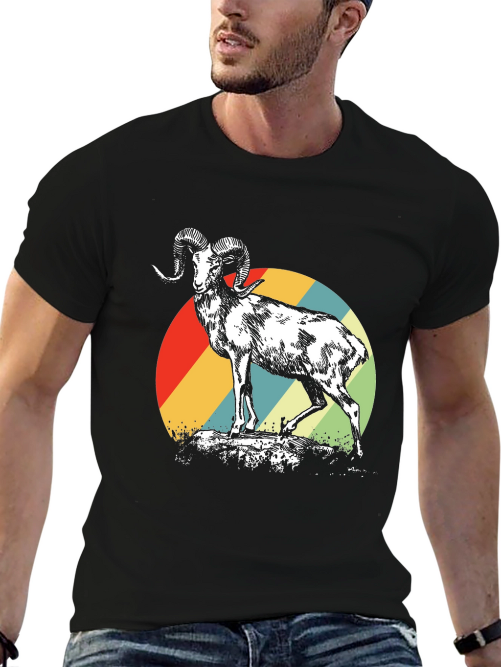 Retro Ram Graphic Tee - Stylish Mens Black T-Shirt