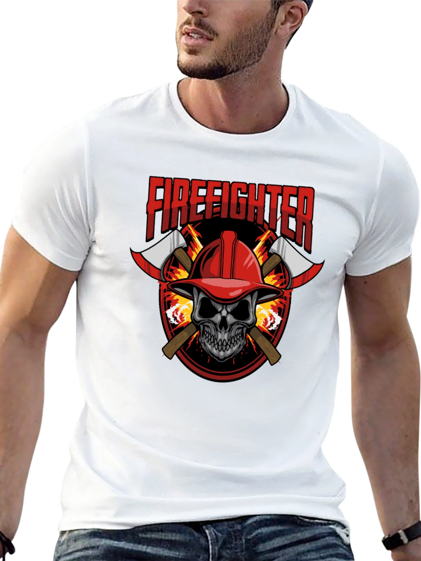 Firefighter Skull Graphic Tee - Axe Design Soft Cotton