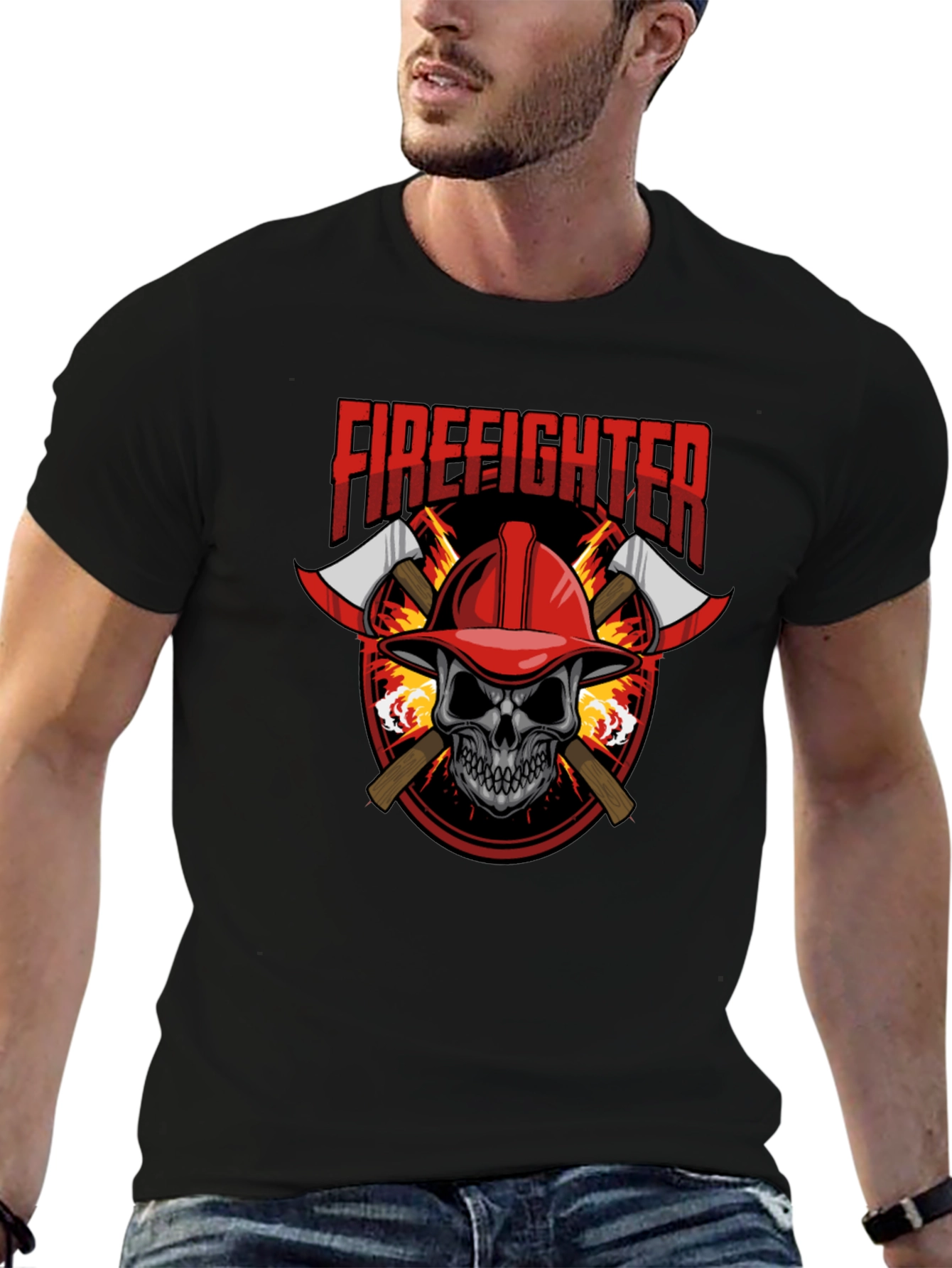 Firefighter Skull Graphic Tee - Axe Design Soft Cotton