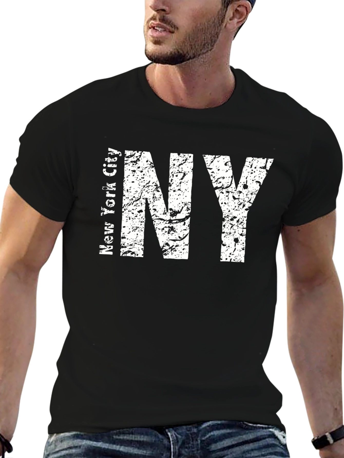 Distressed NY Text Graphic Black T-Shirt