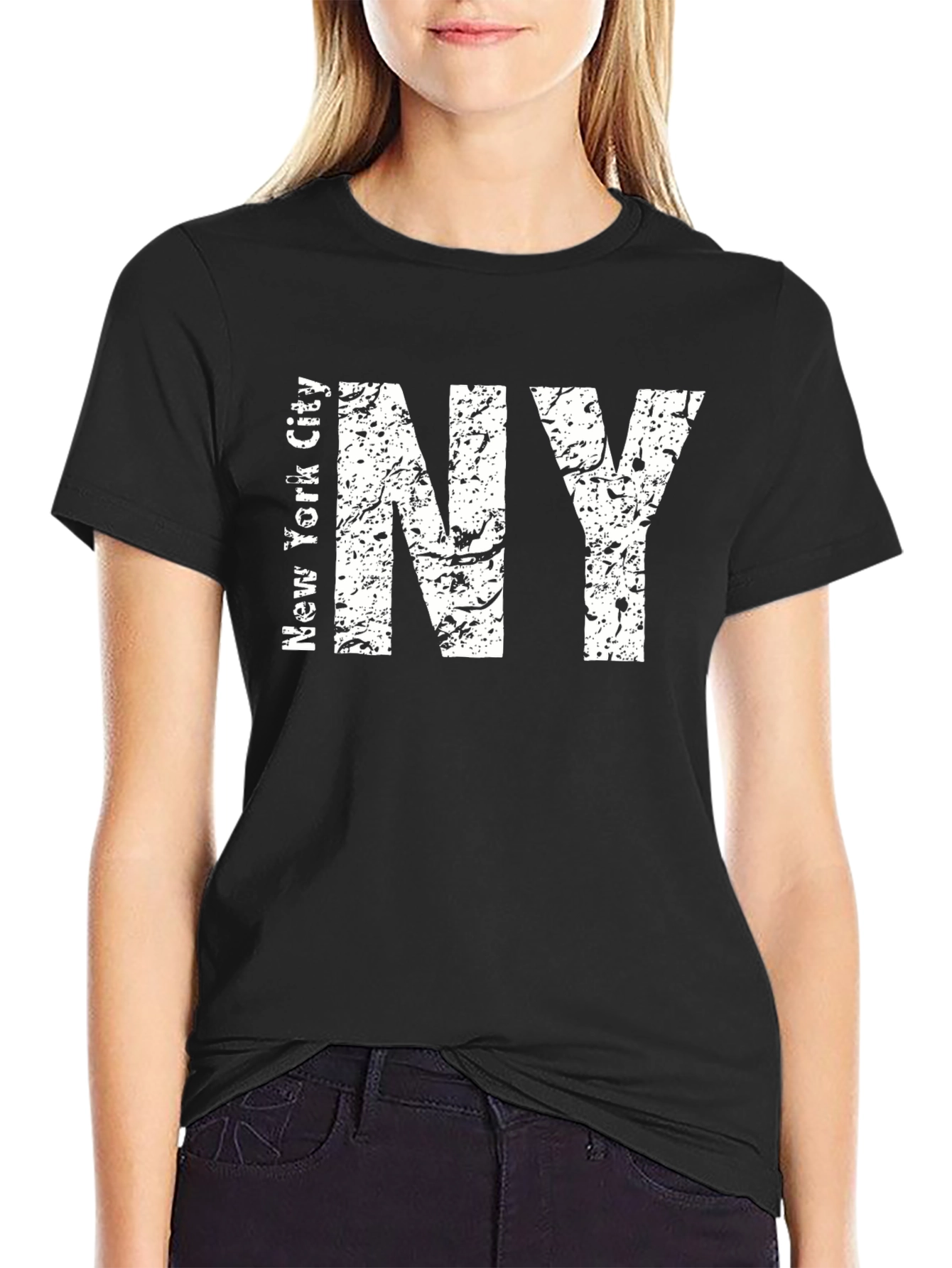 Distressed NY Text Graphic Black T-Shirt