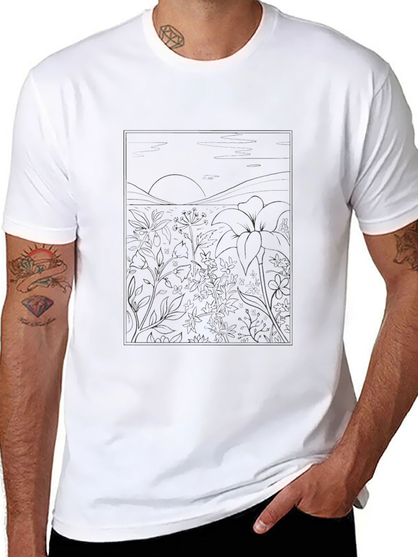 Black T-Shirt with Nature Illustration