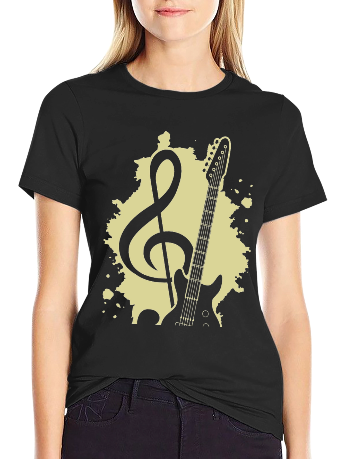 Guitar & Treble Clef Graphic Tee - Black Cotton Blend