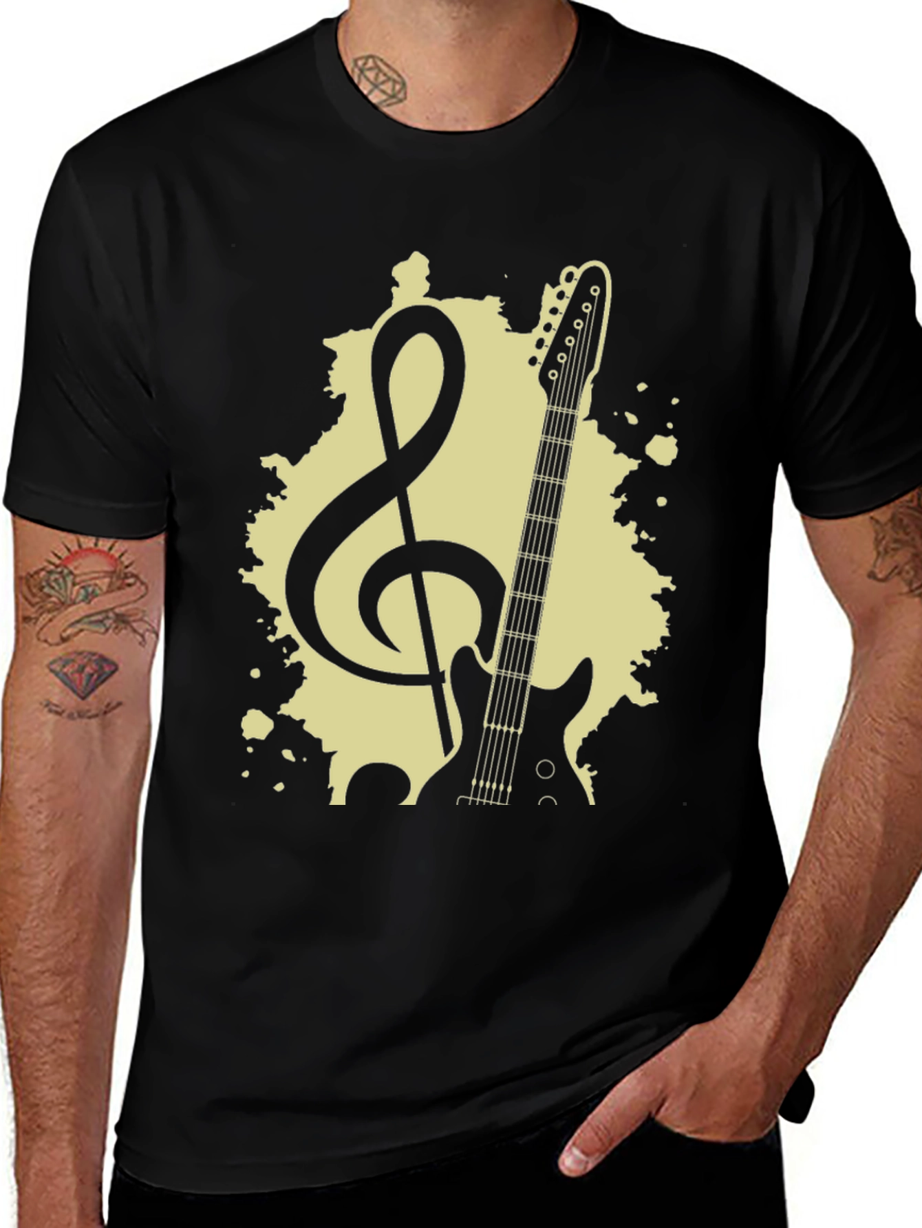 Guitar & Treble Clef Graphic Tee - Black Cotton Blend