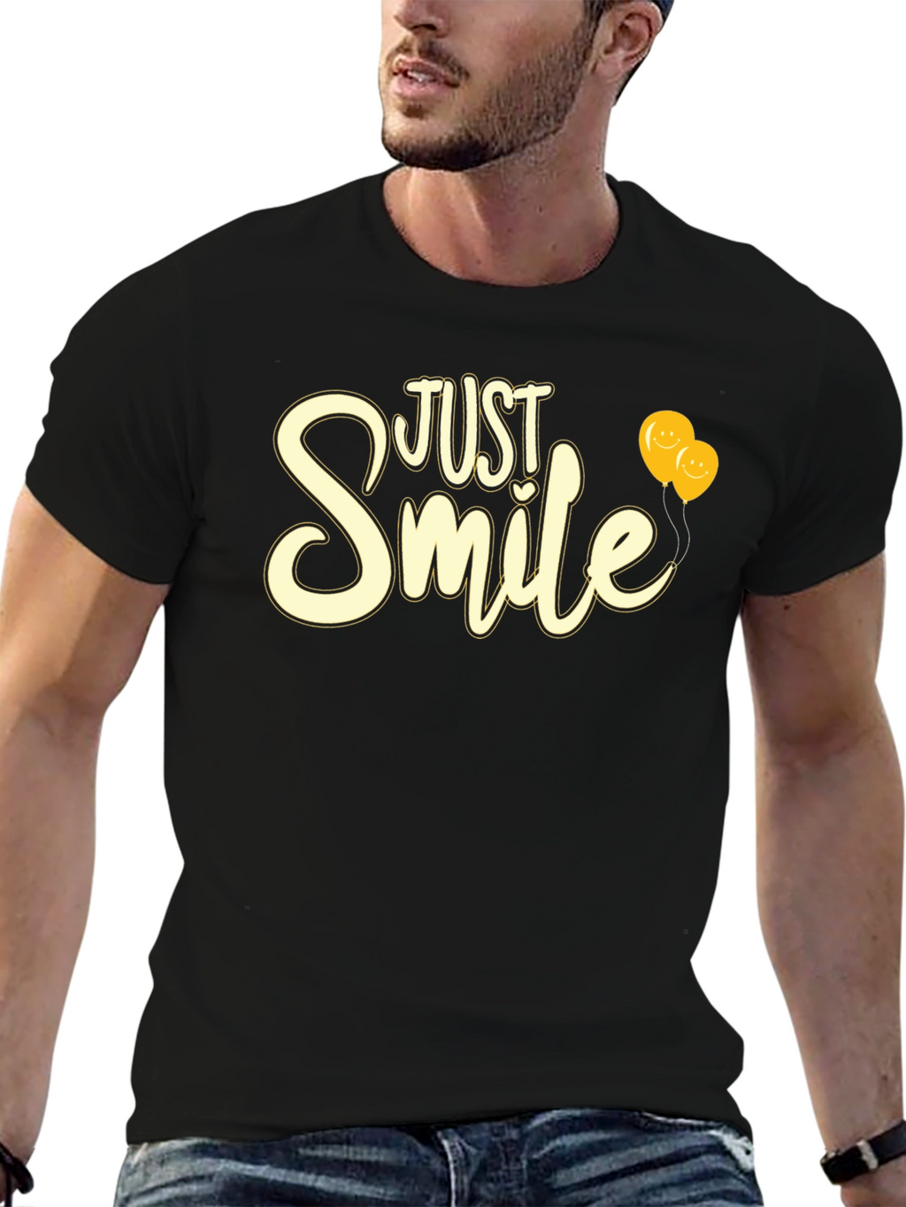 Just Smile Graphic Tee - Black T-Shirt with Balloons