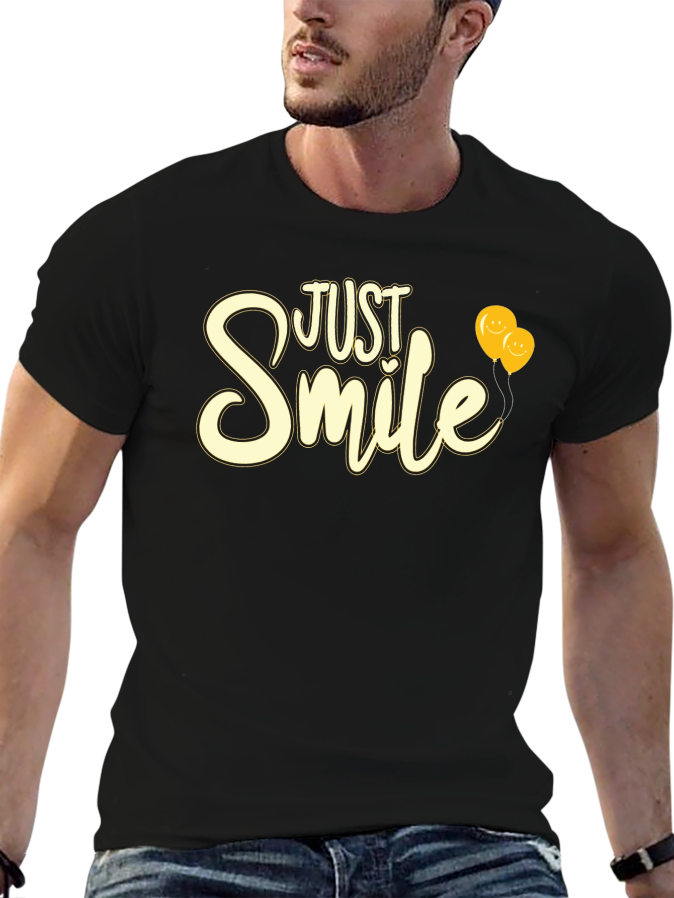 Just Smile Graphic Tee - Black T-Shirt with Balloons