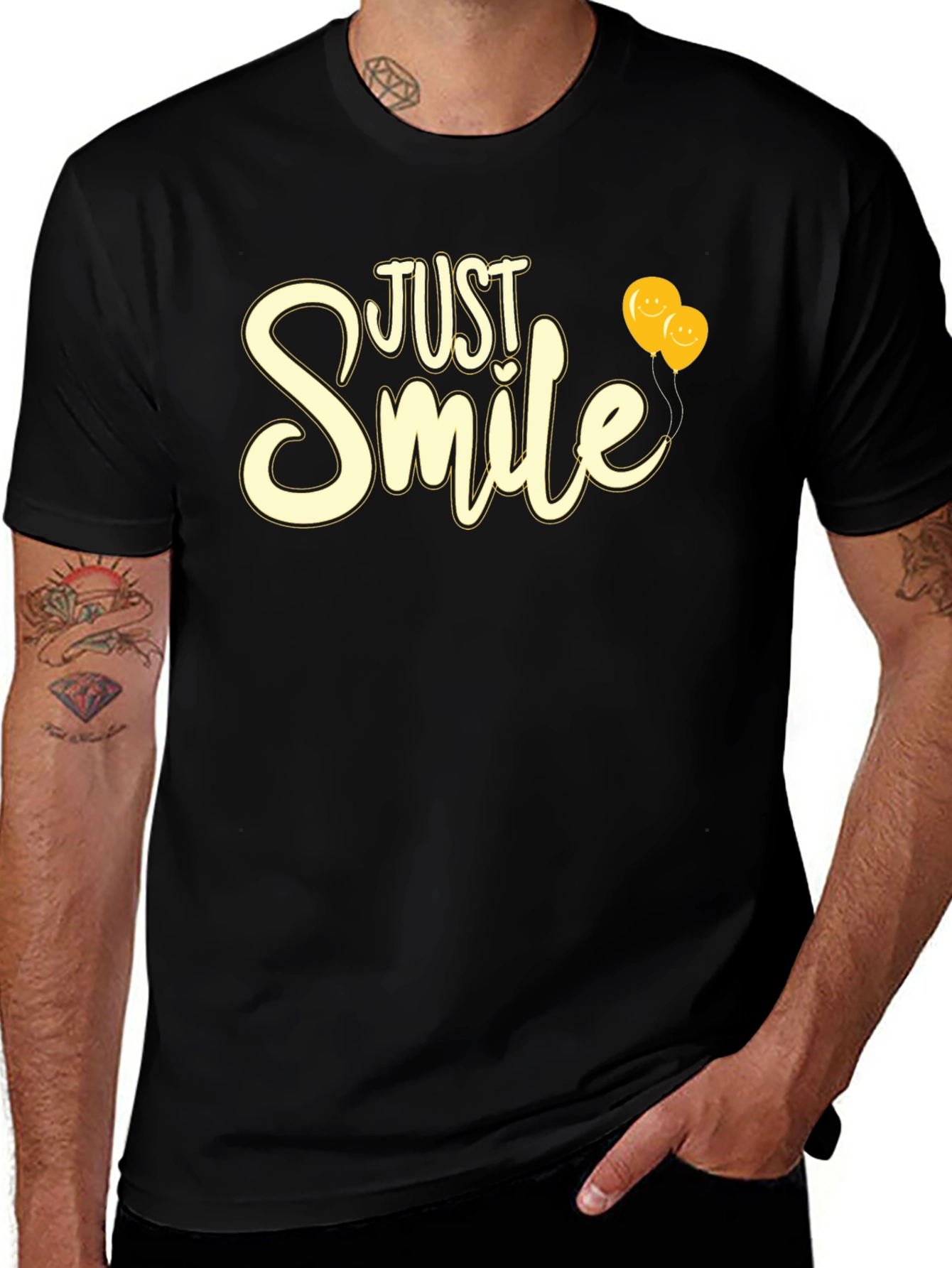 Just Smile Graphic Tee - Black T-Shirt with Balloons