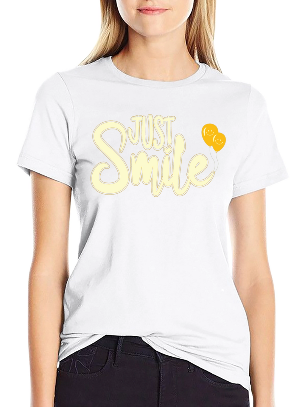Just Smile Graphic Tee - Black T-Shirt with Balloons