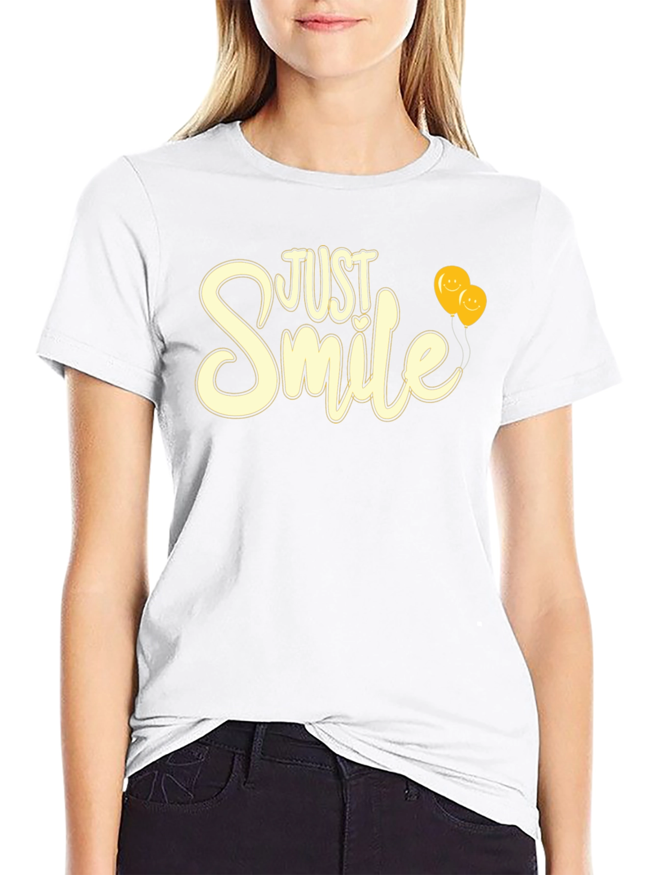 Just Smile Graphic Tee - Black T-Shirt with Balloons