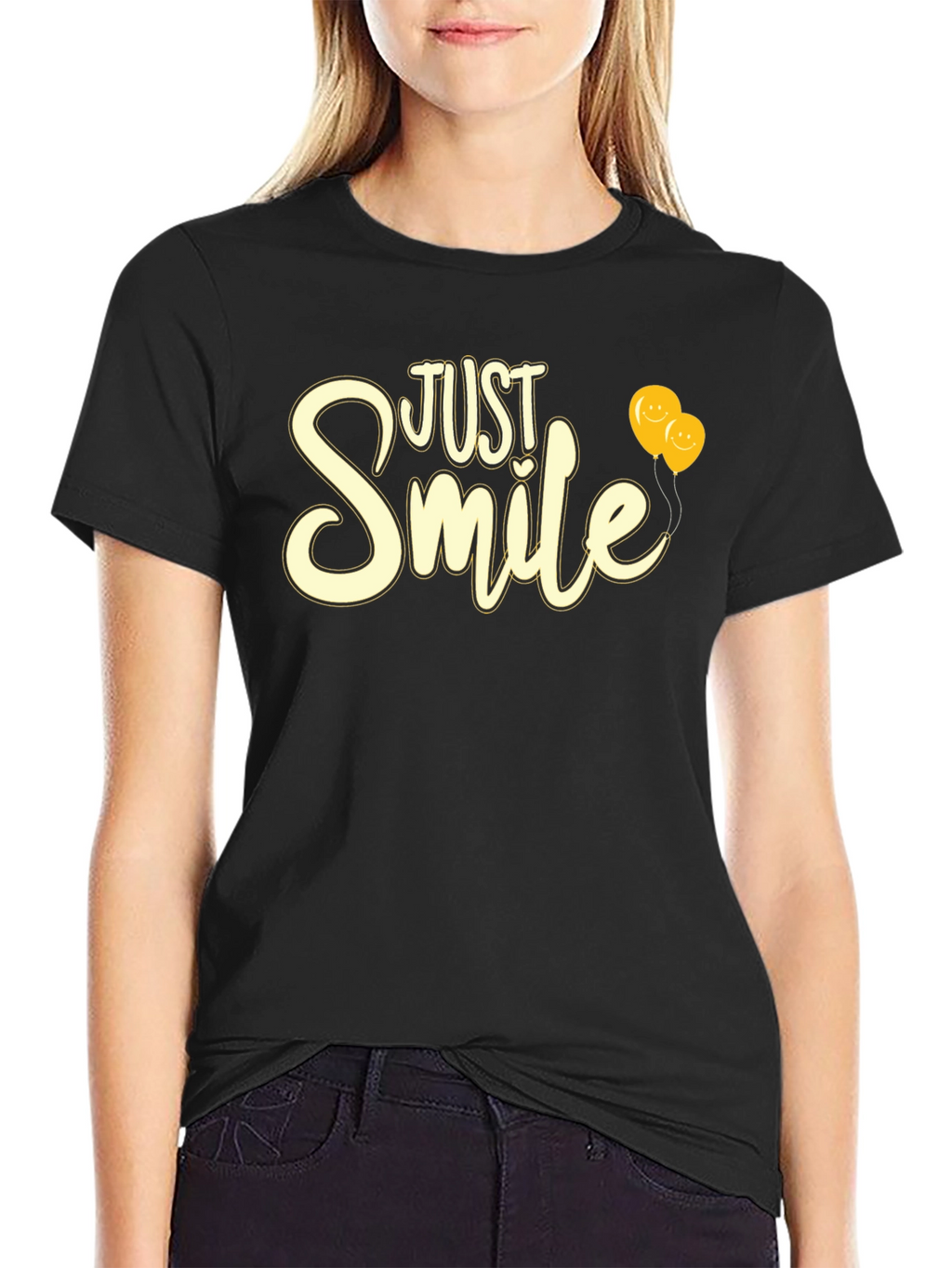 Just Smile Graphic Tee - Black T-Shirt with Balloons