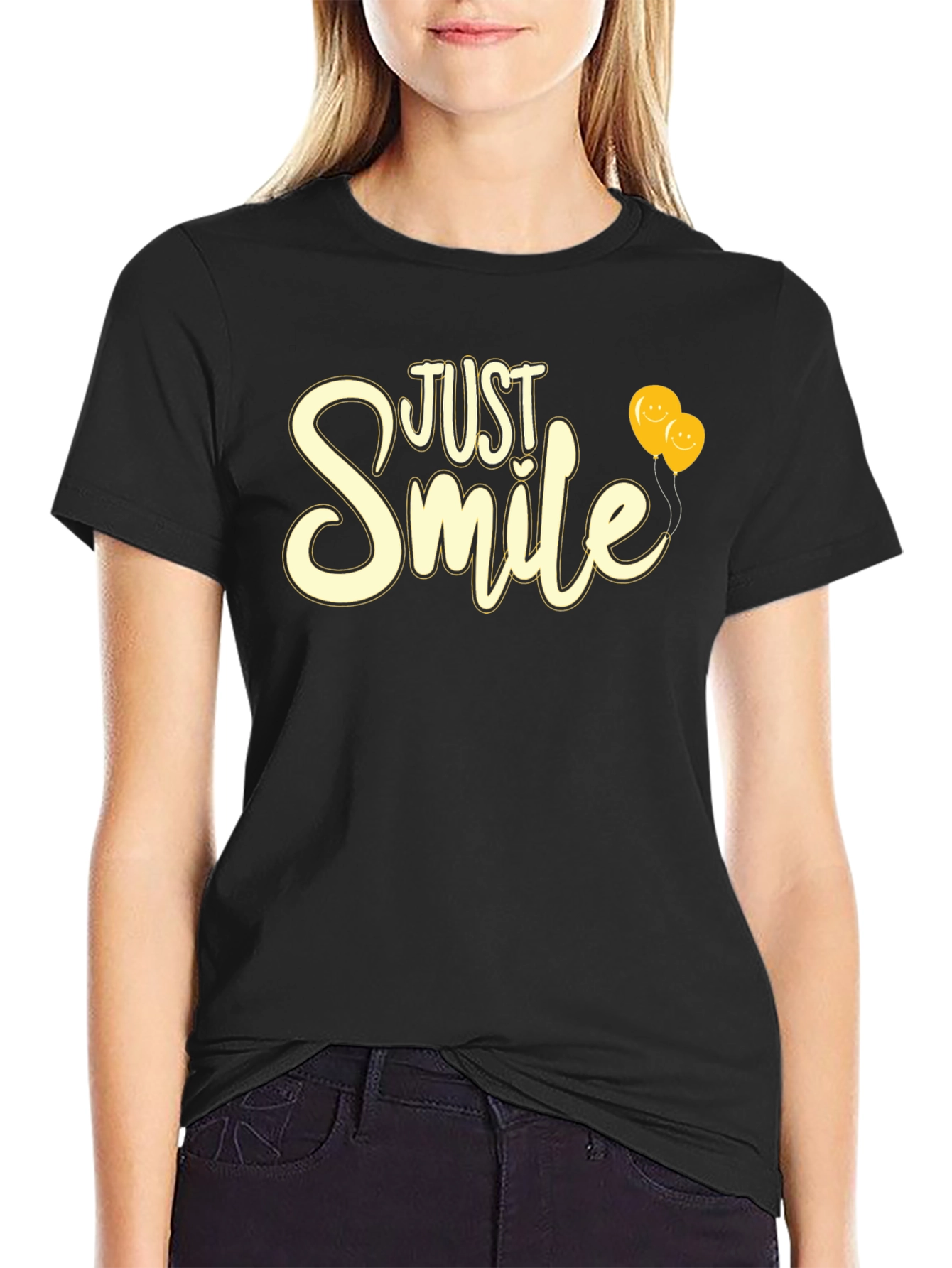 Just Smile Graphic Tee - Black T-Shirt with Balloons