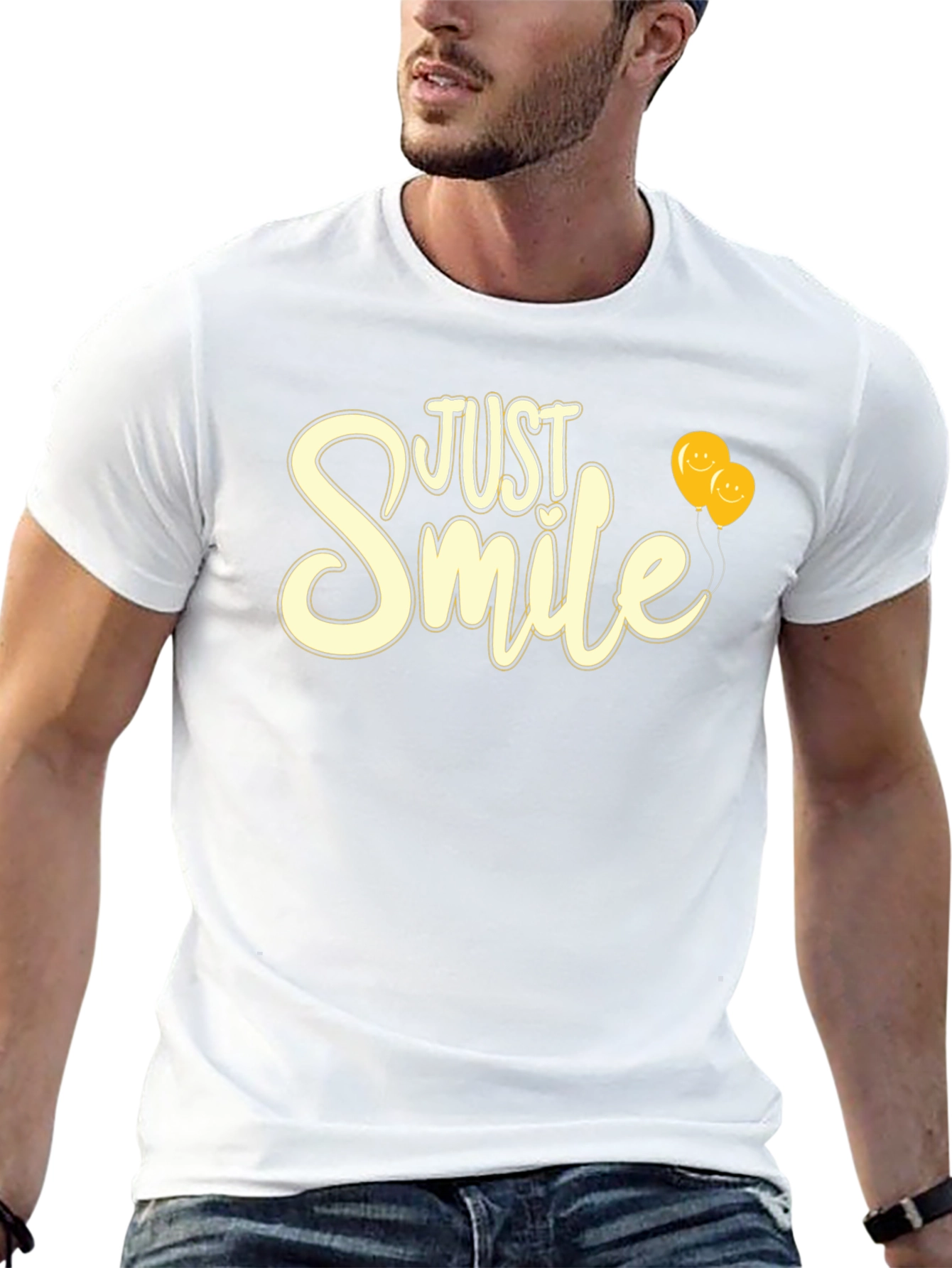 Just Smile Graphic Tee - Black T-Shirt with Balloons