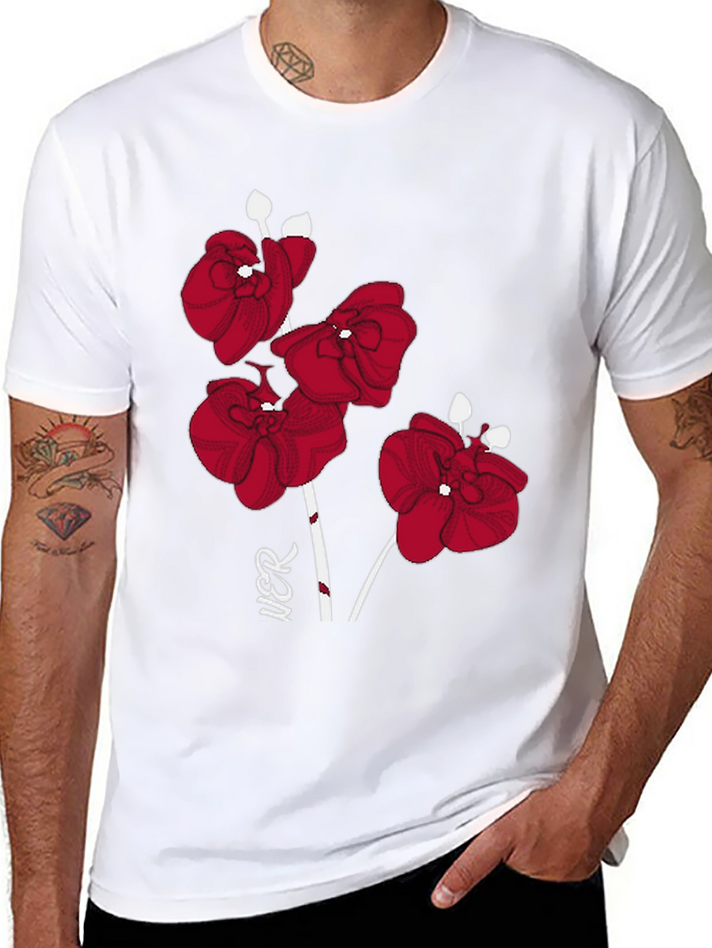 Red Orchid Graphic Print Black T-Shirt