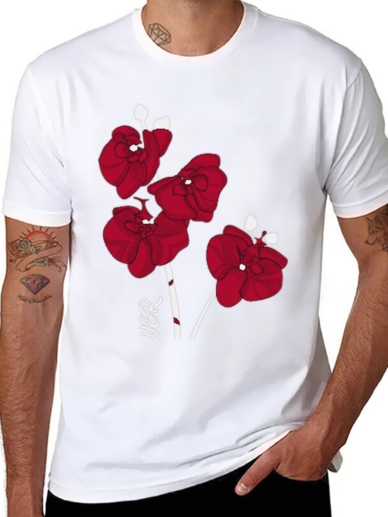 Red Orchid Graphic Print Black T-Shirt