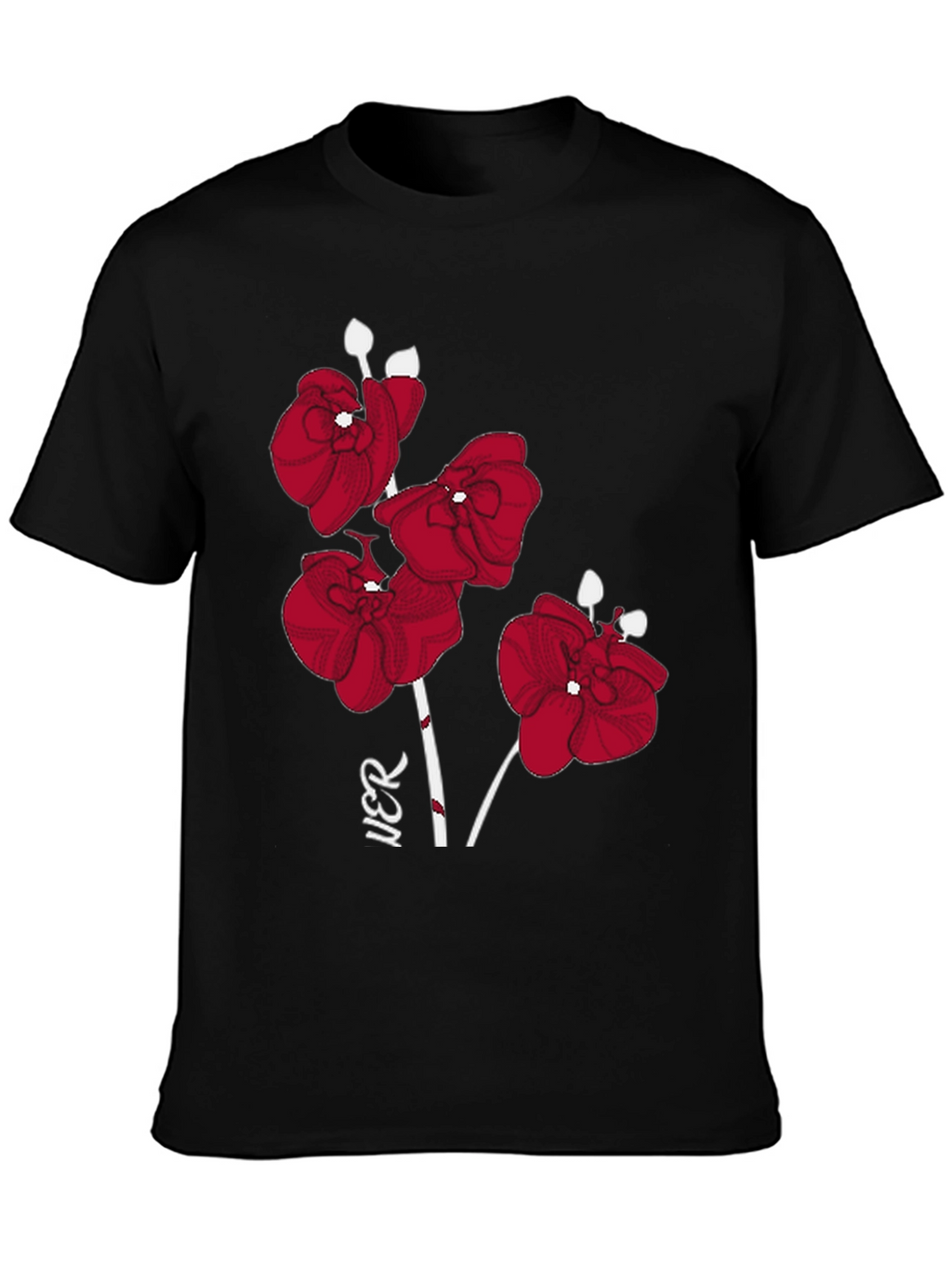 Red Orchid Graphic Print Black T-Shirt