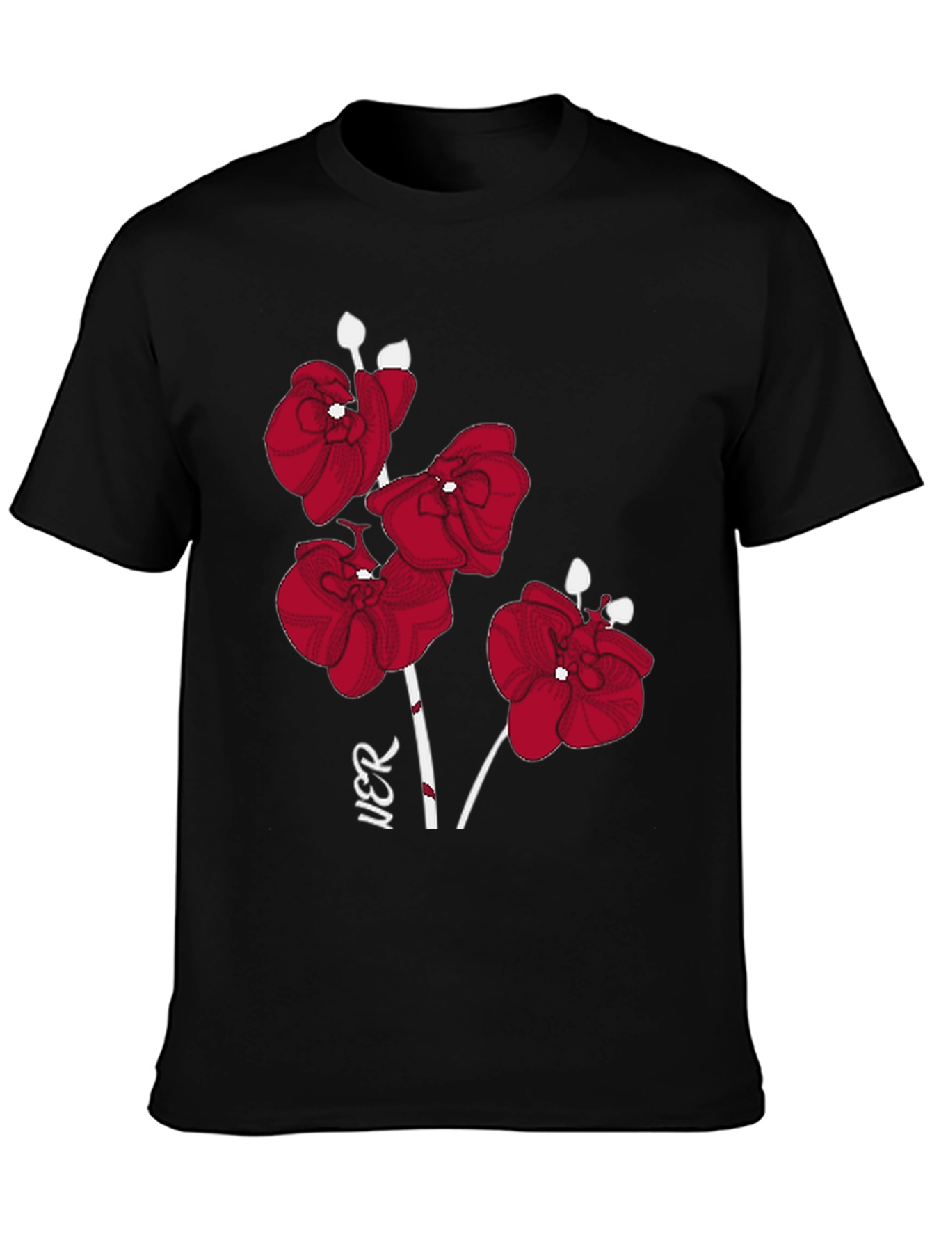 Red Orchid Graphic Print Black T-Shirt