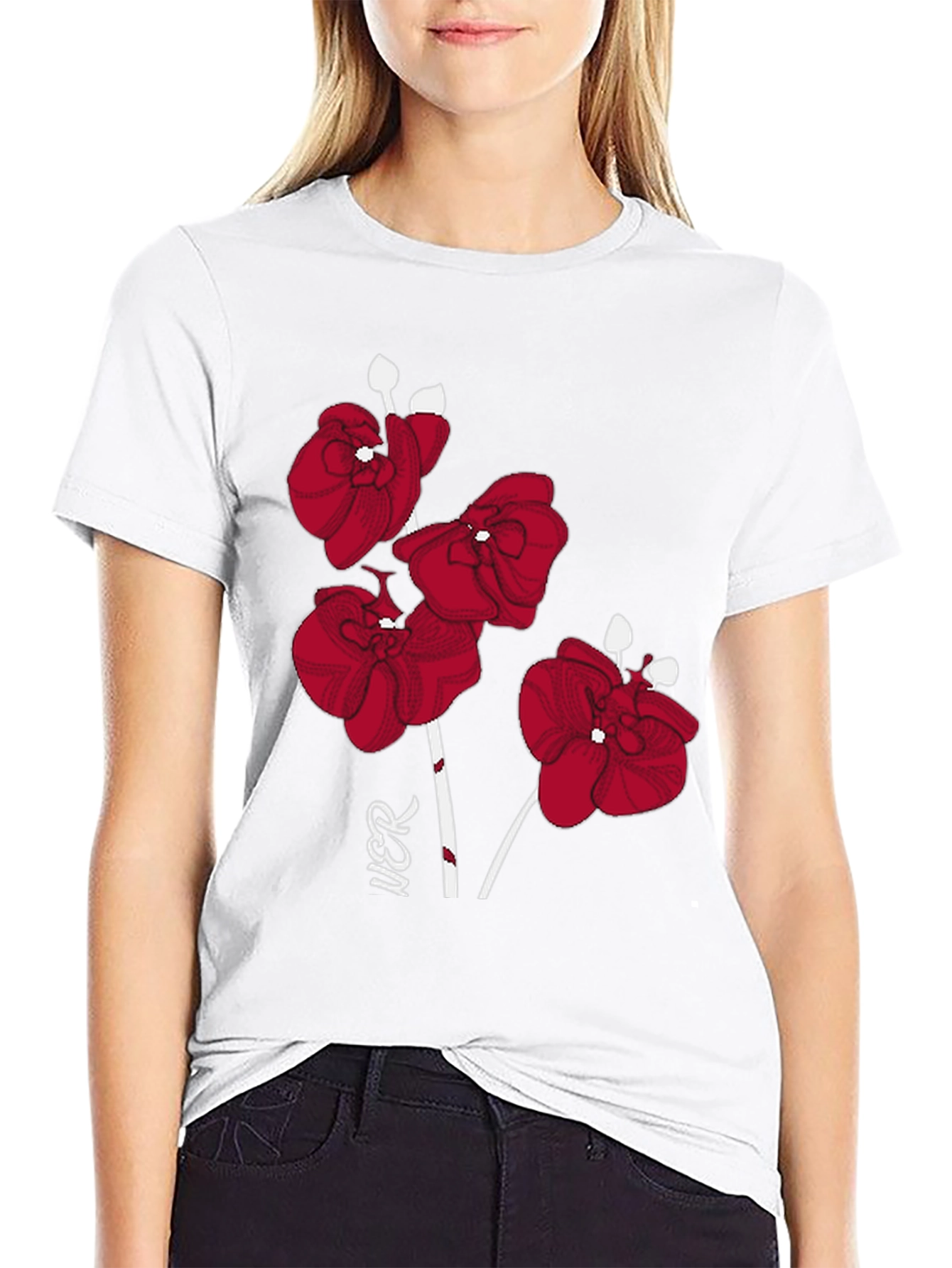Red Orchid Graphic Print Black T-Shirt