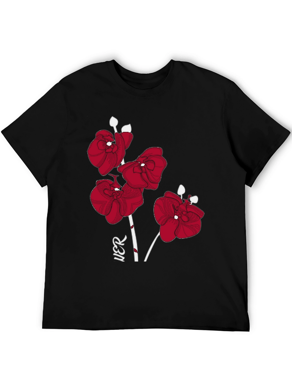 Red Orchid Graphic Print Black T-Shirt