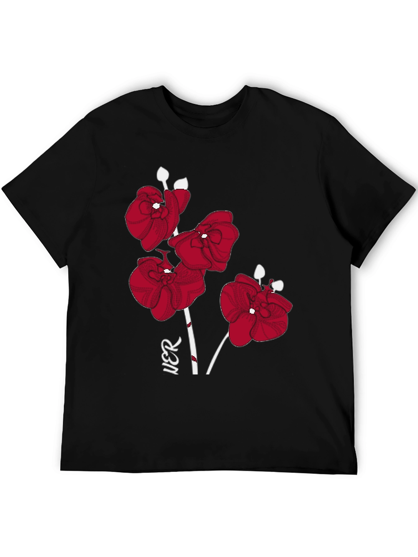 Red Orchid Graphic Print Black T-Shirt