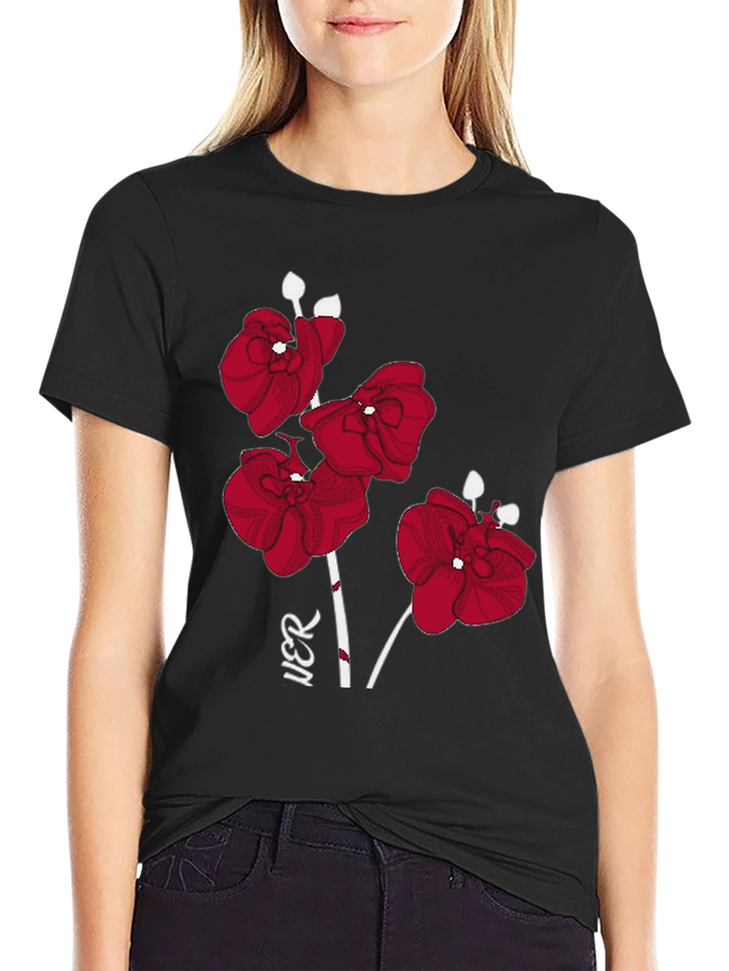 Red Orchid Graphic Print Black T-Shirt