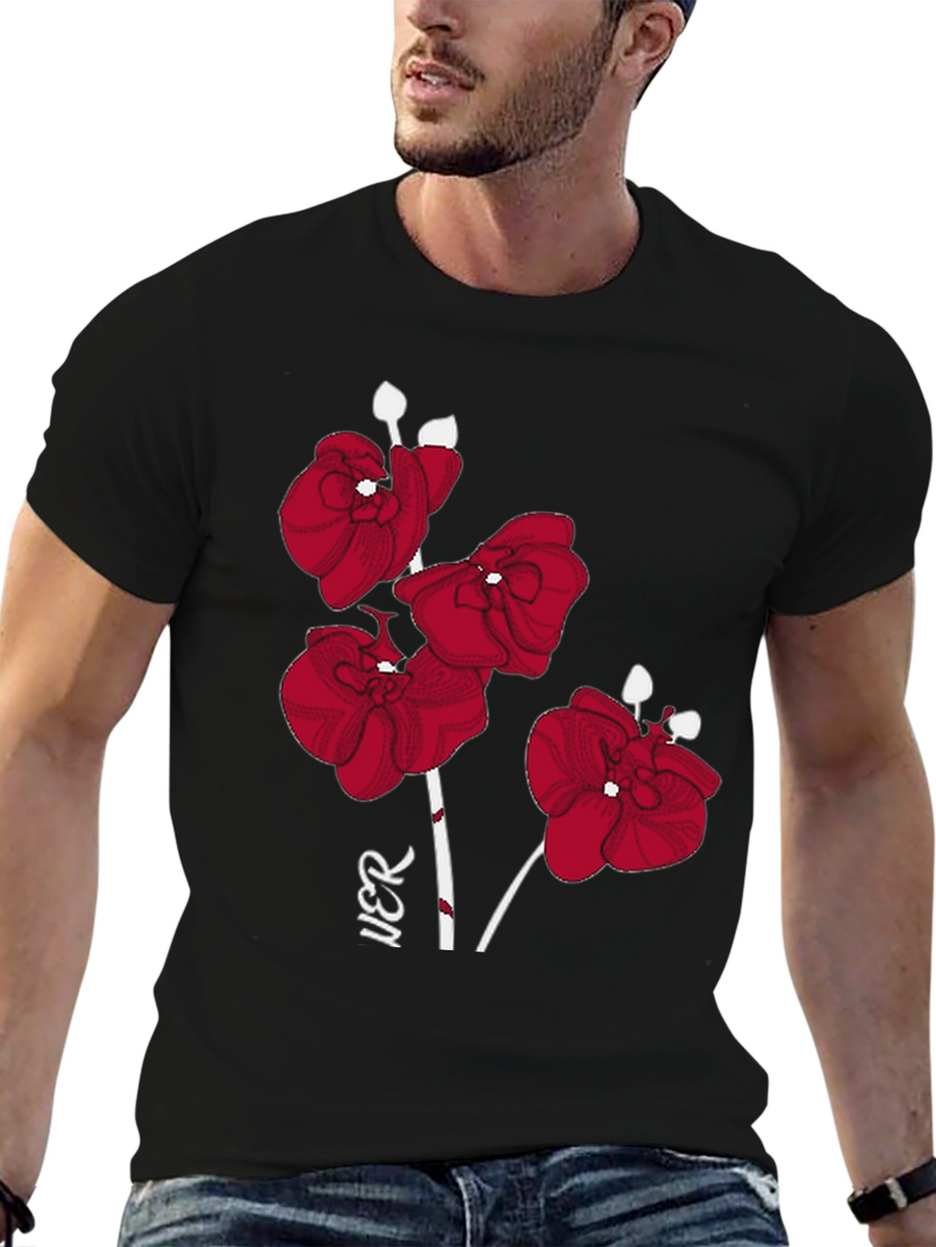 Red Orchid Graphic Print Black T-Shirt