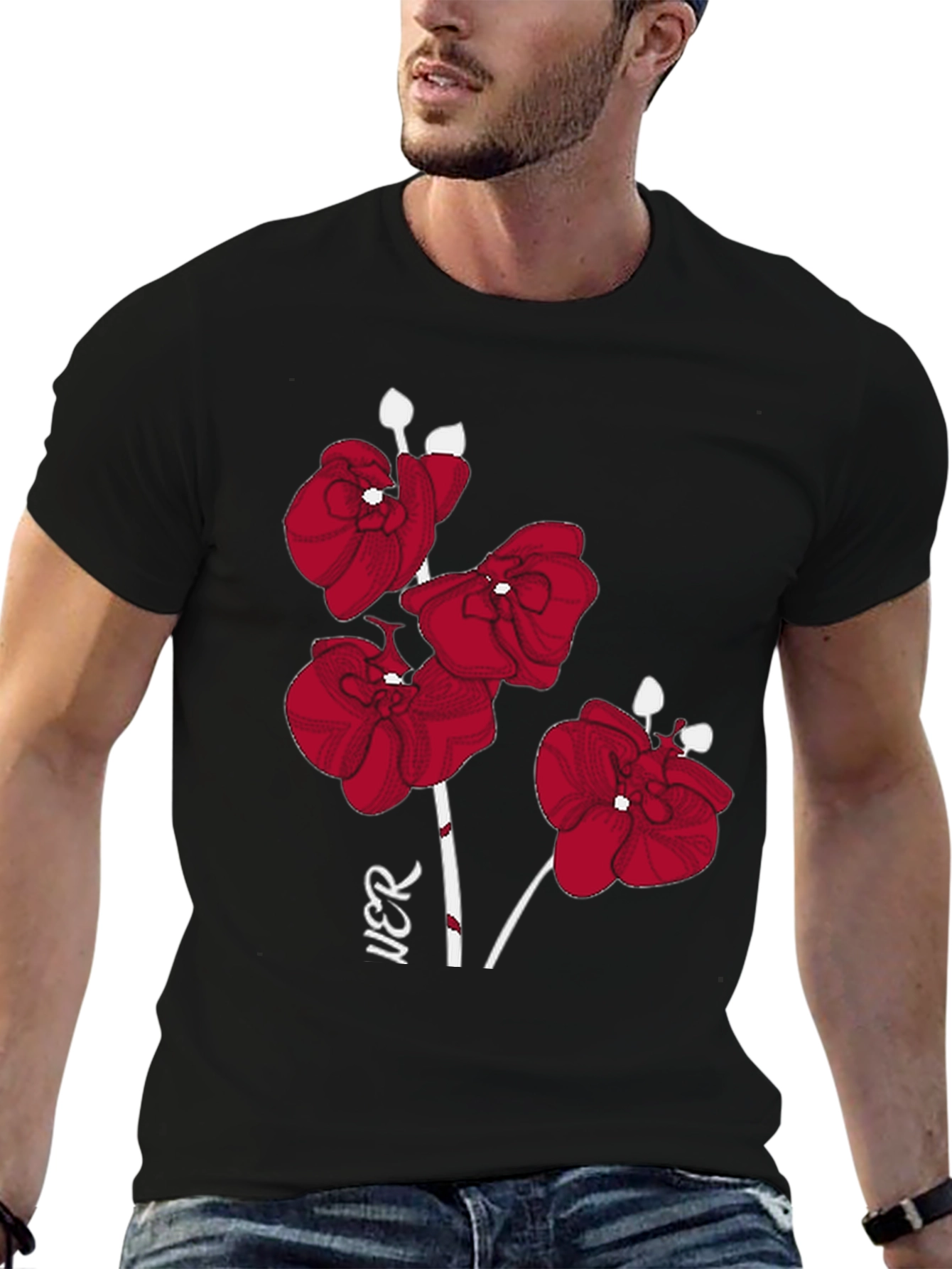 Red Orchid Graphic Print Black T-Shirt