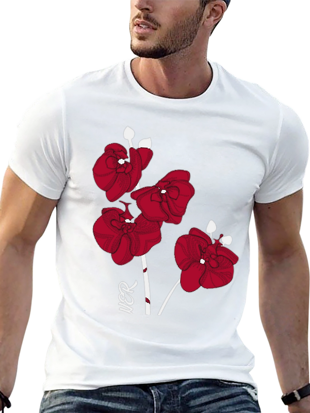 Red Orchid Graphic Print Black T-Shirt