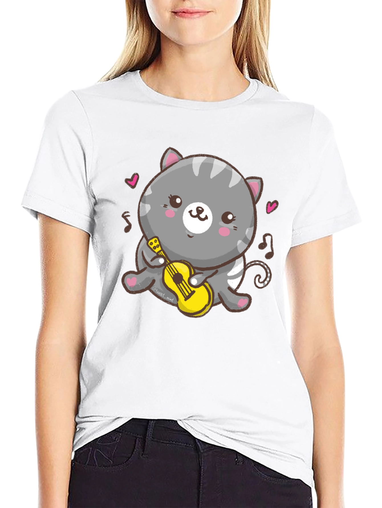 Cute Cat Ukulele T-Shirt - Black Cotton Tee