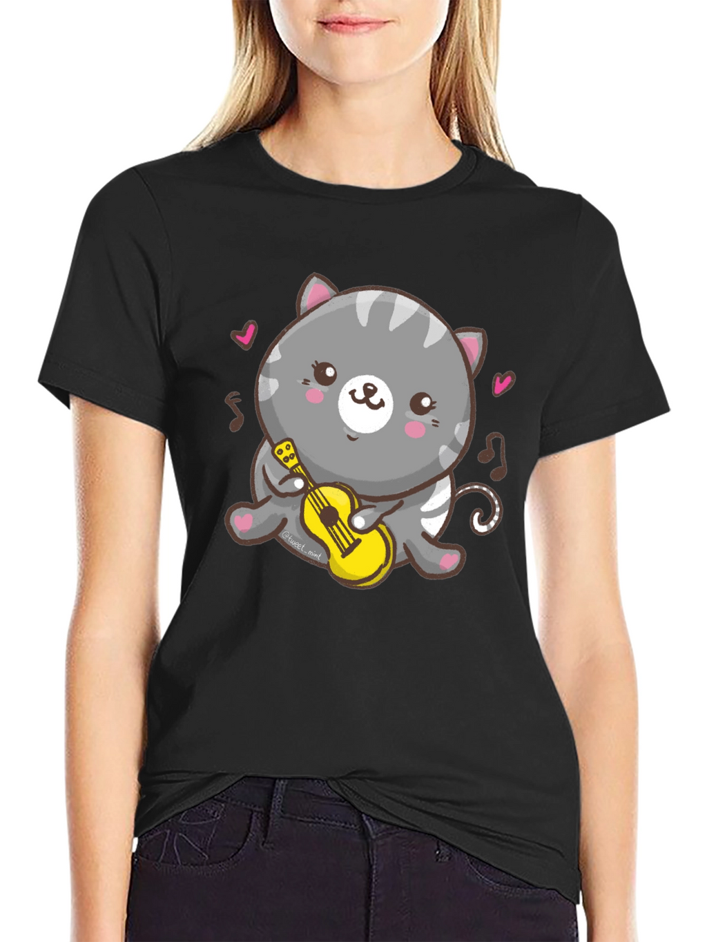Cute Cat Ukulele T-Shirt - Black Cotton Tee